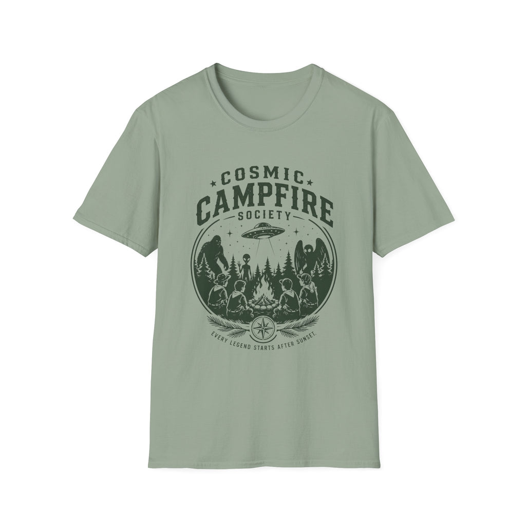 Cosmic Campfire Society T-Shirt — UFO & Forest Vintage Graphic Tee