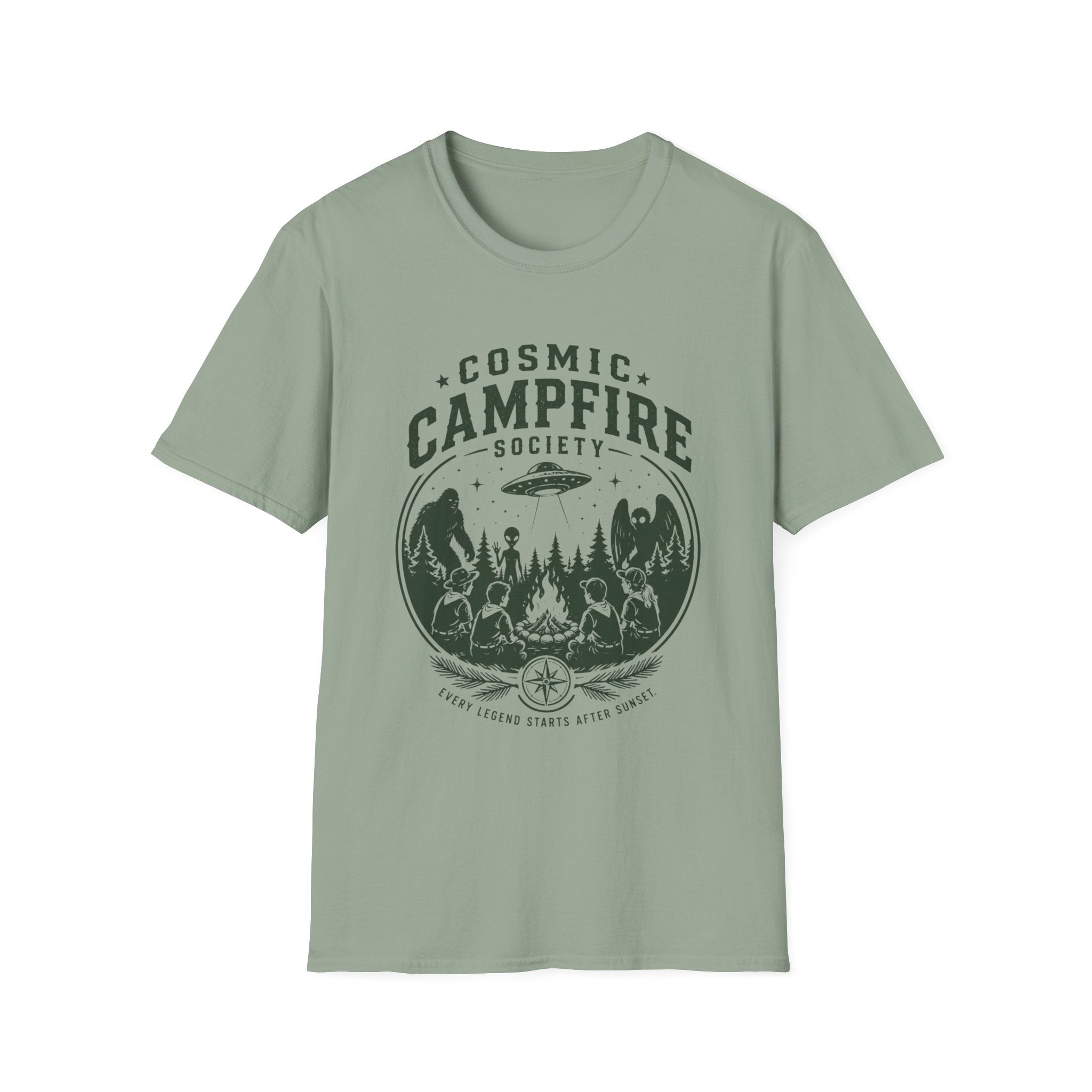 Cosmic Campfire Society T-Shirt — UFO & Forest Vintage Graphic Tee