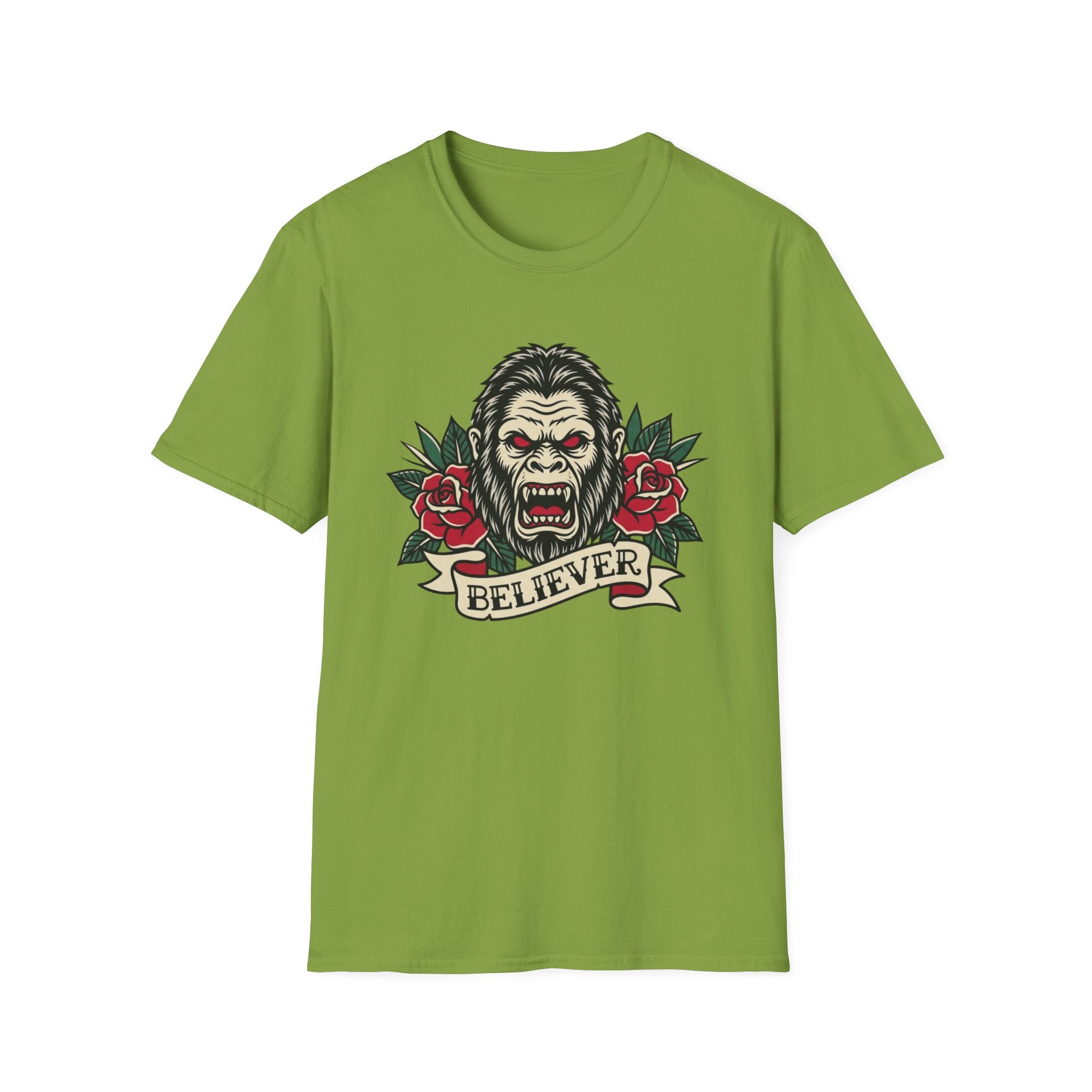 Bigfoot Believer T-Shirt — Retro American Traditional Tattoo Sasquatch Graphic Tee with Roses