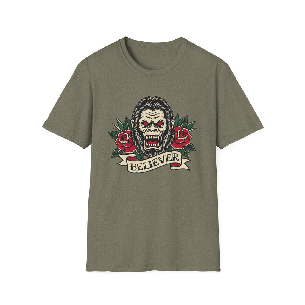 Bigfoot Believer T-Shirt — Retro American Traditional Tattoo Sasquatch Graphic Tee with Roses