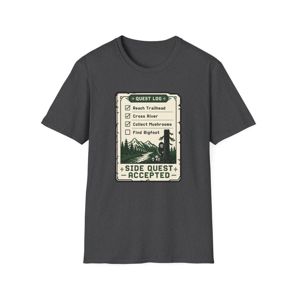Bigfoot Retro Gaming T-Shirt — 'Quest Log: Side Quest Accepted' Hiking Adventure Graphic Tee