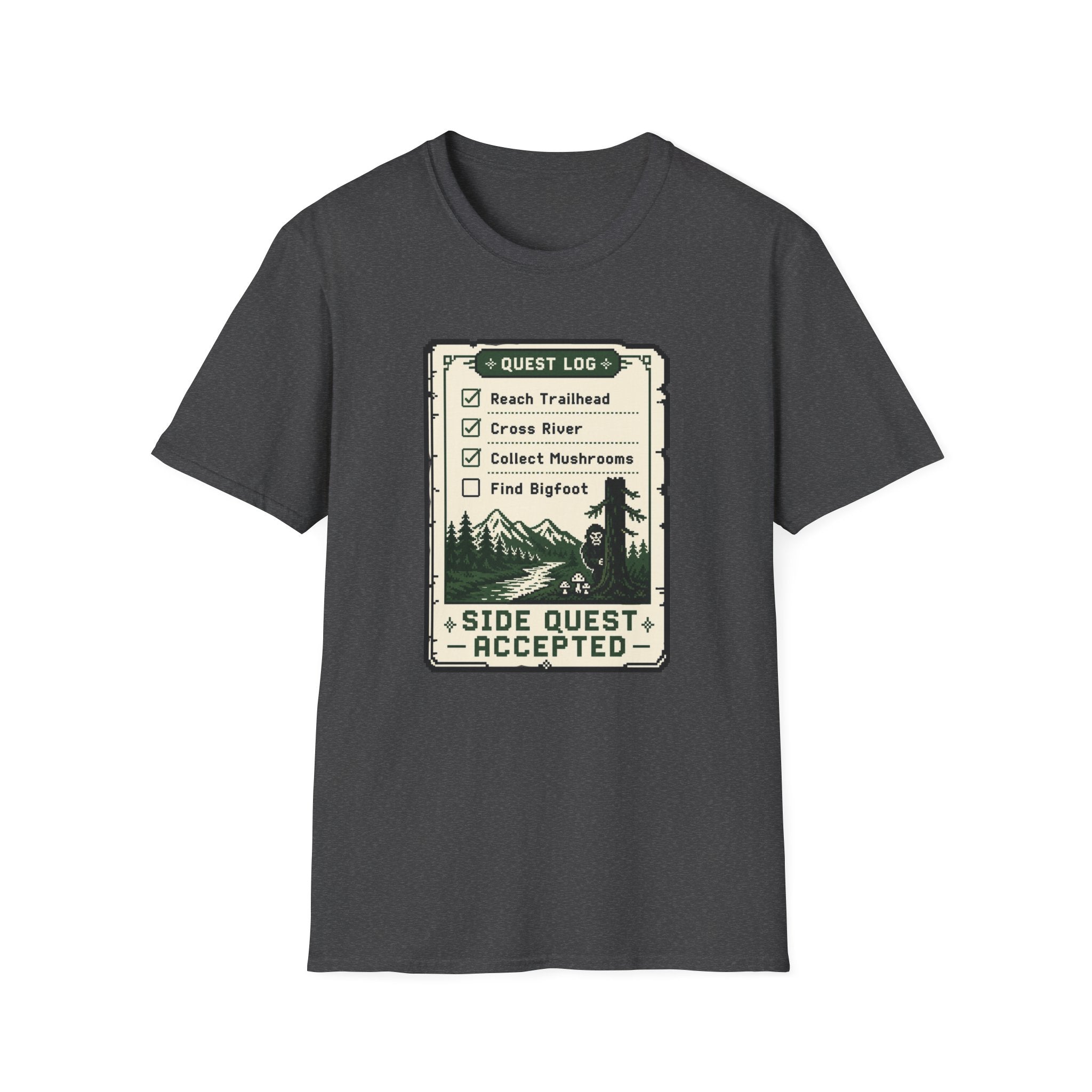 Bigfoot Retro Gaming T-Shirt — 'Quest Log: Side Quest Accepted' Hiking Adventure Graphic Tee