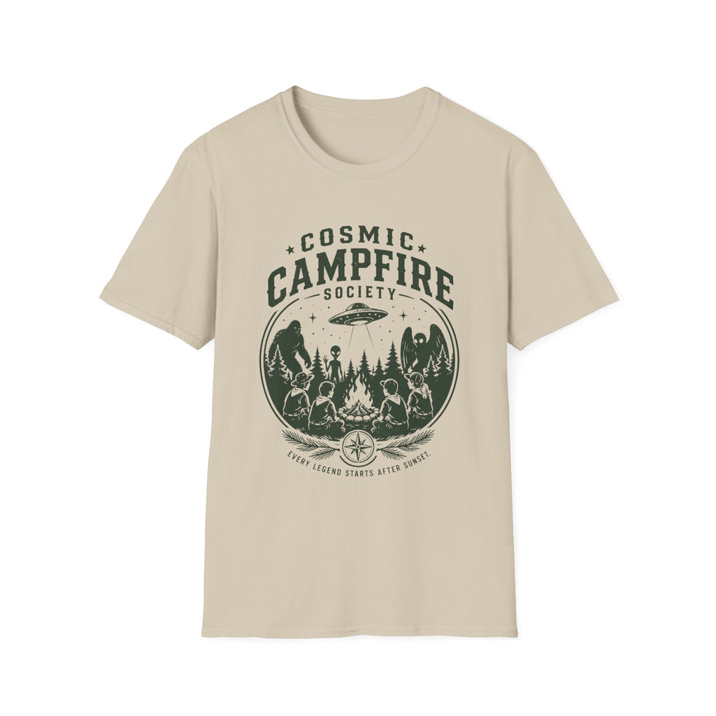 Cosmic Campfire Society T-Shirt — UFO & Forest Vintage Graphic Tee