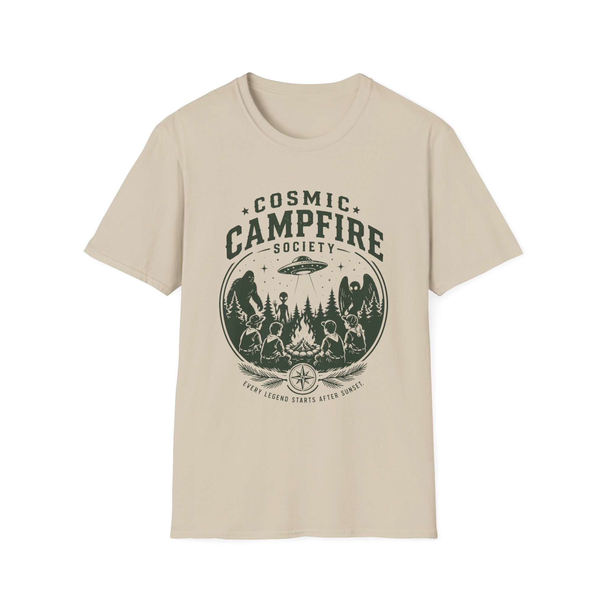 Cosmic Campfire Society T-Shirt — UFO & Forest Vintage Graphic Tee