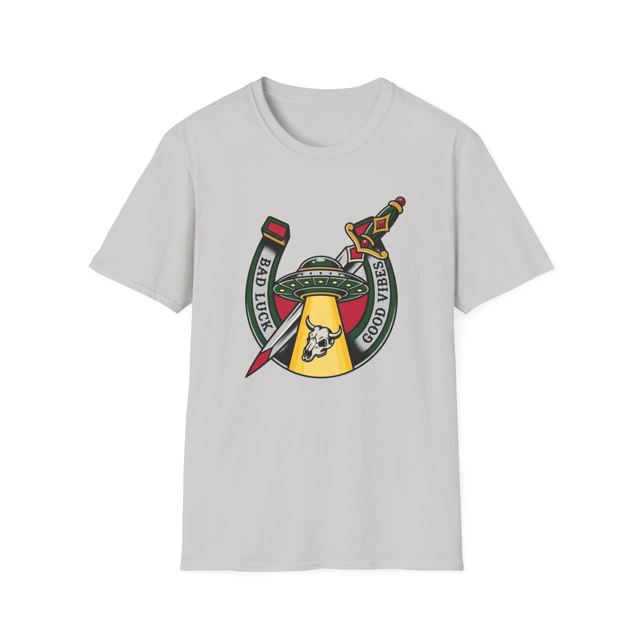 Bad Luck Good Vibes UFO T-Shirt — Sword & Horseshoe Retro American Traditional Tattoo Tee