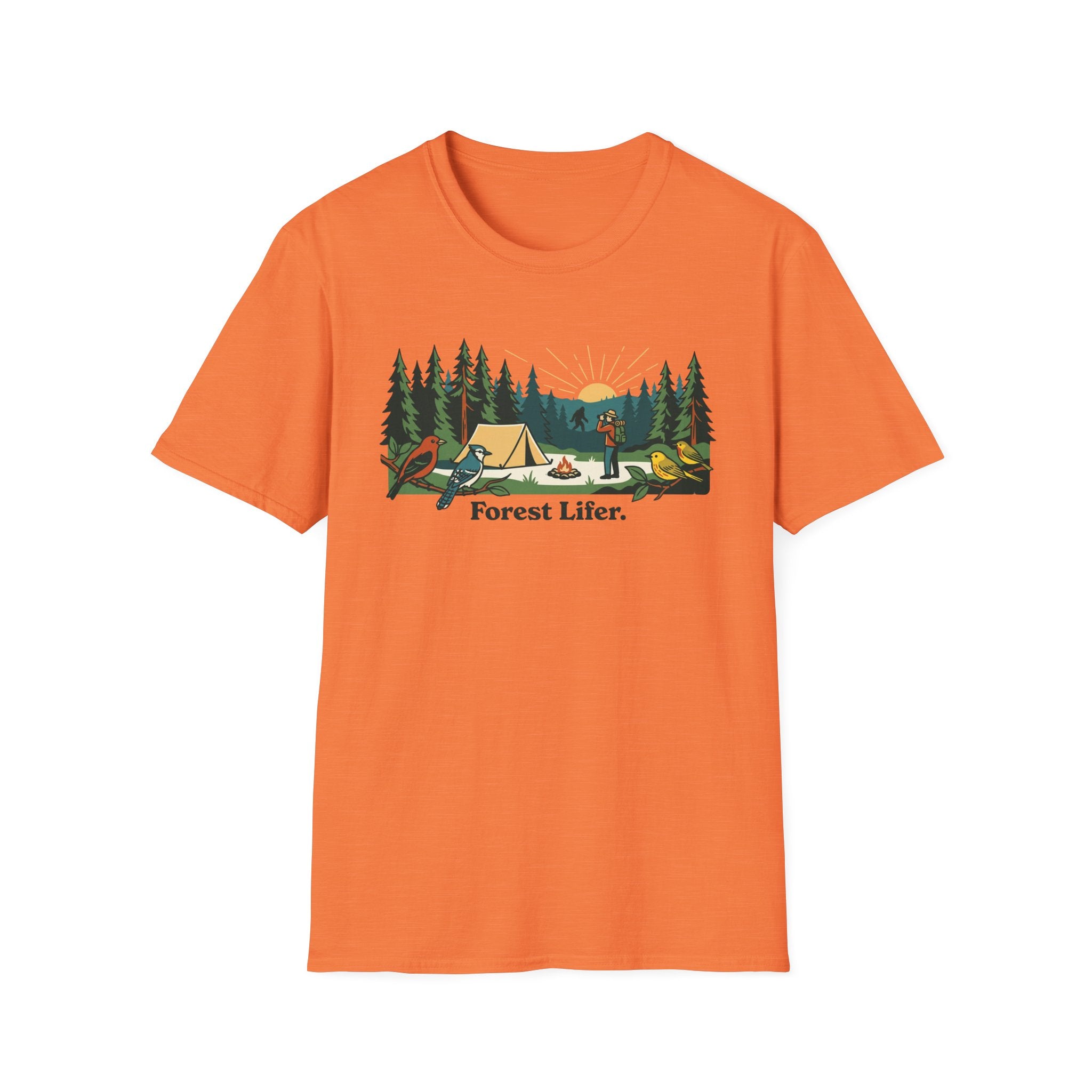 Bigfoot Forest Lifer T‑Shirt — Camping Scenic Tee with Tent, Campfire & Pine Trees