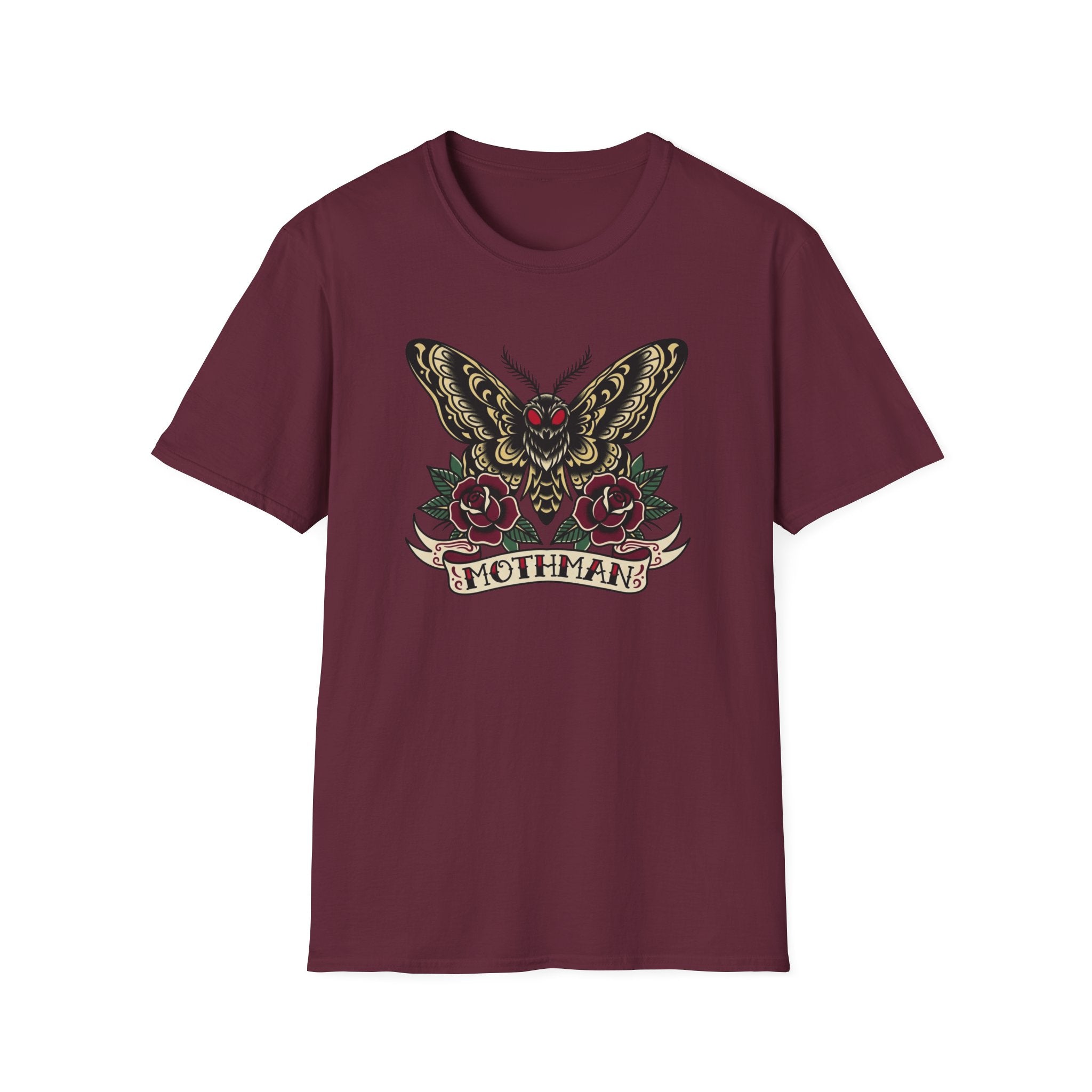 Mothman American Traditional Tattoo Style T-Shirt — Gothic Moth & Roses Graphic