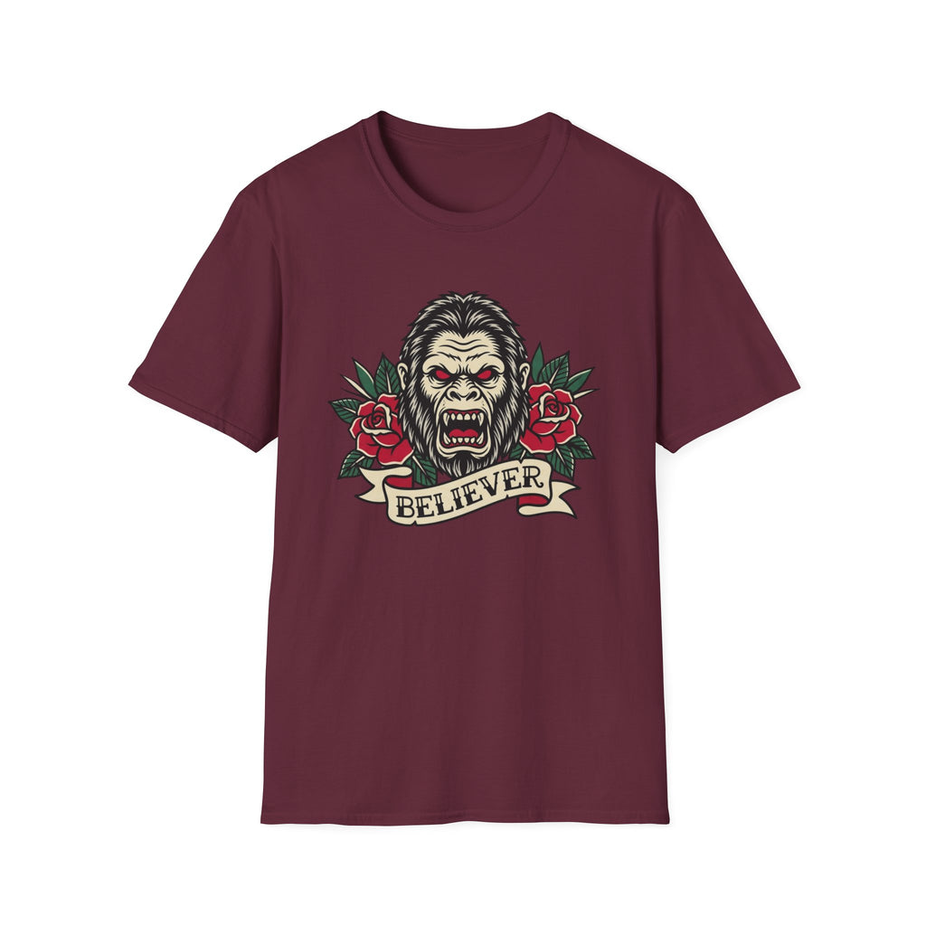 Bigfoot Believer T-Shirt — Retro American Traditional Tattoo Sasquatch Graphic Tee with Roses