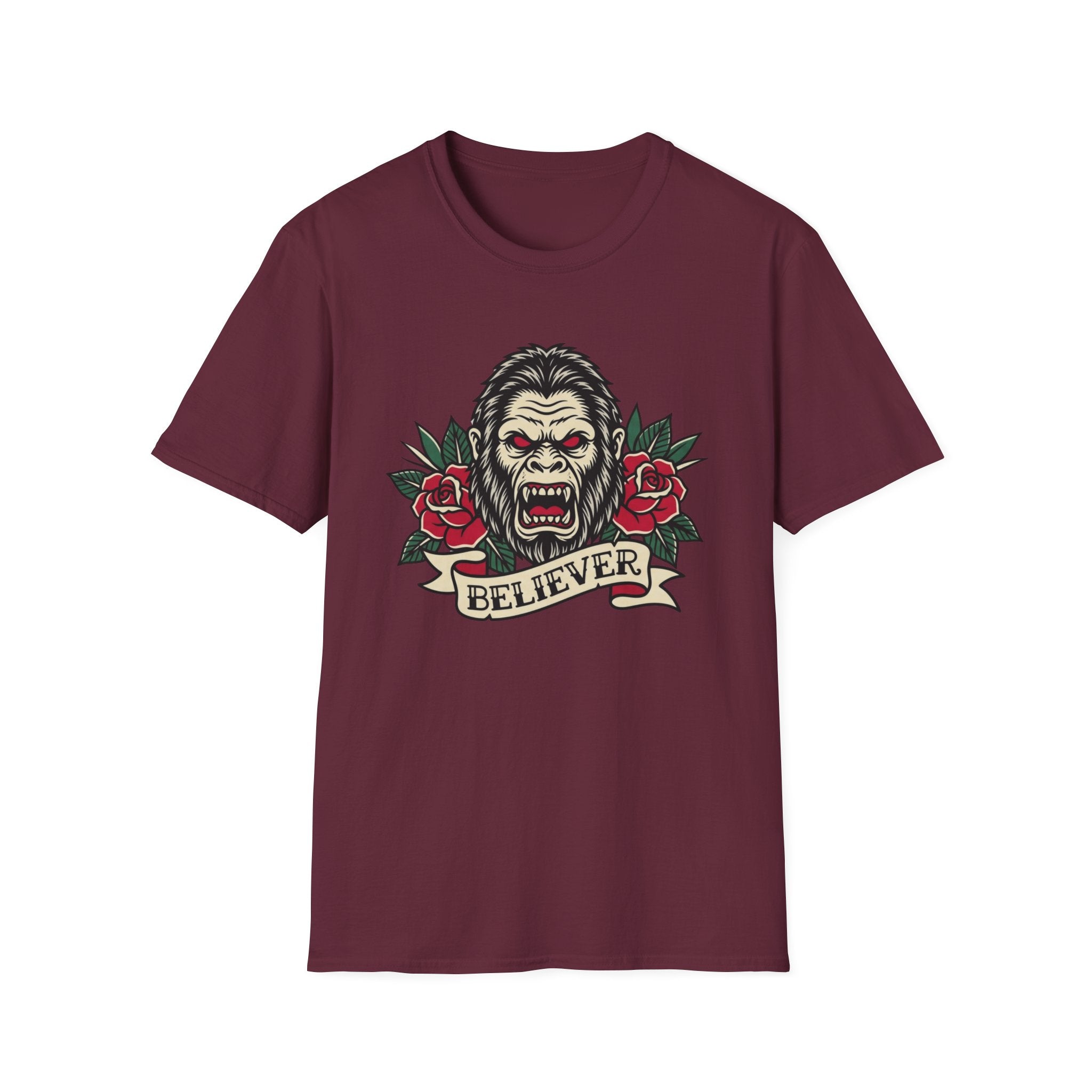 Bigfoot Believer T-Shirt — Retro American Traditional Tattoo Sasquatch Graphic Tee with Roses