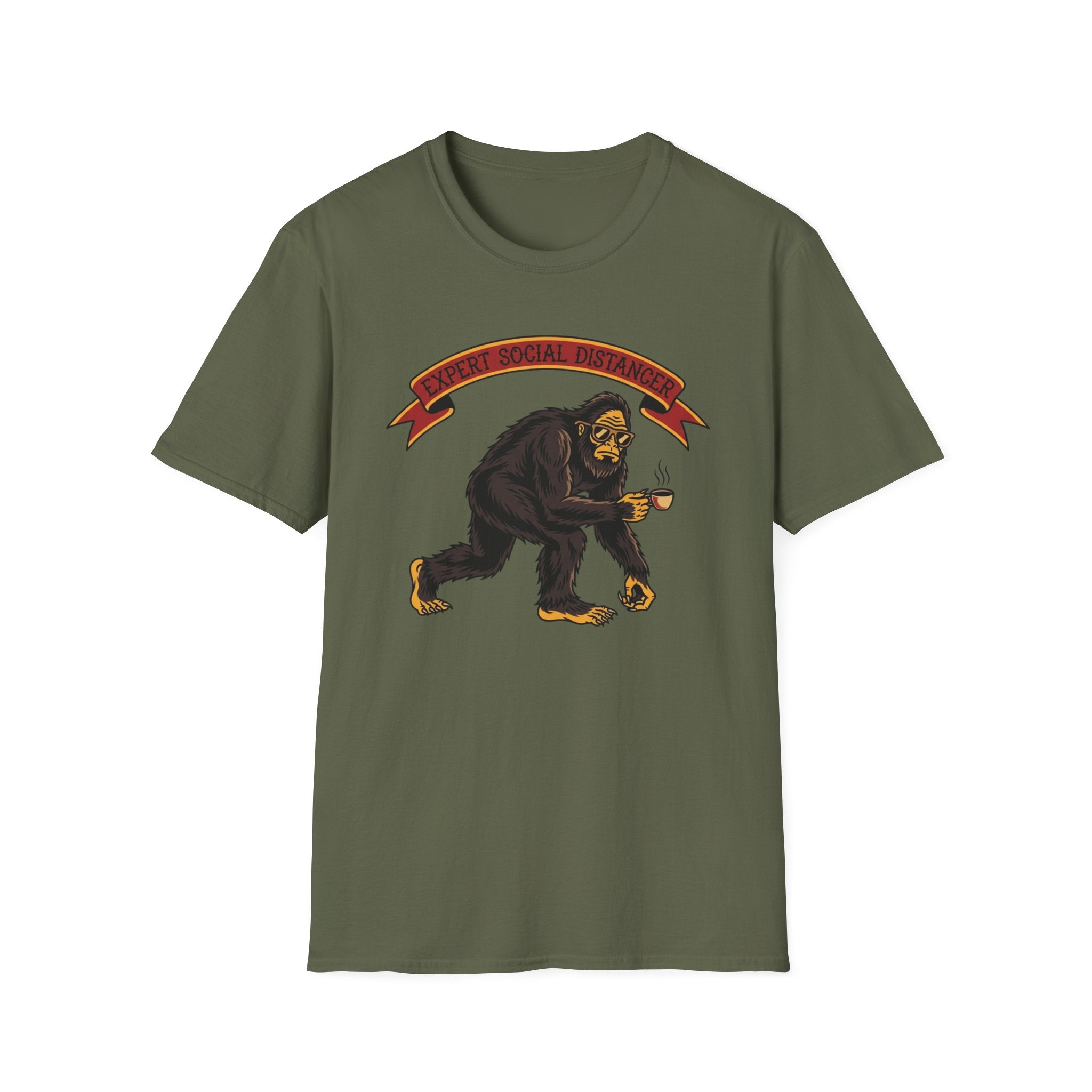 Expert Social Distancer T-Shirt — Funny Bigfoot Coffee Graphic American Traditional Tattoo Tee