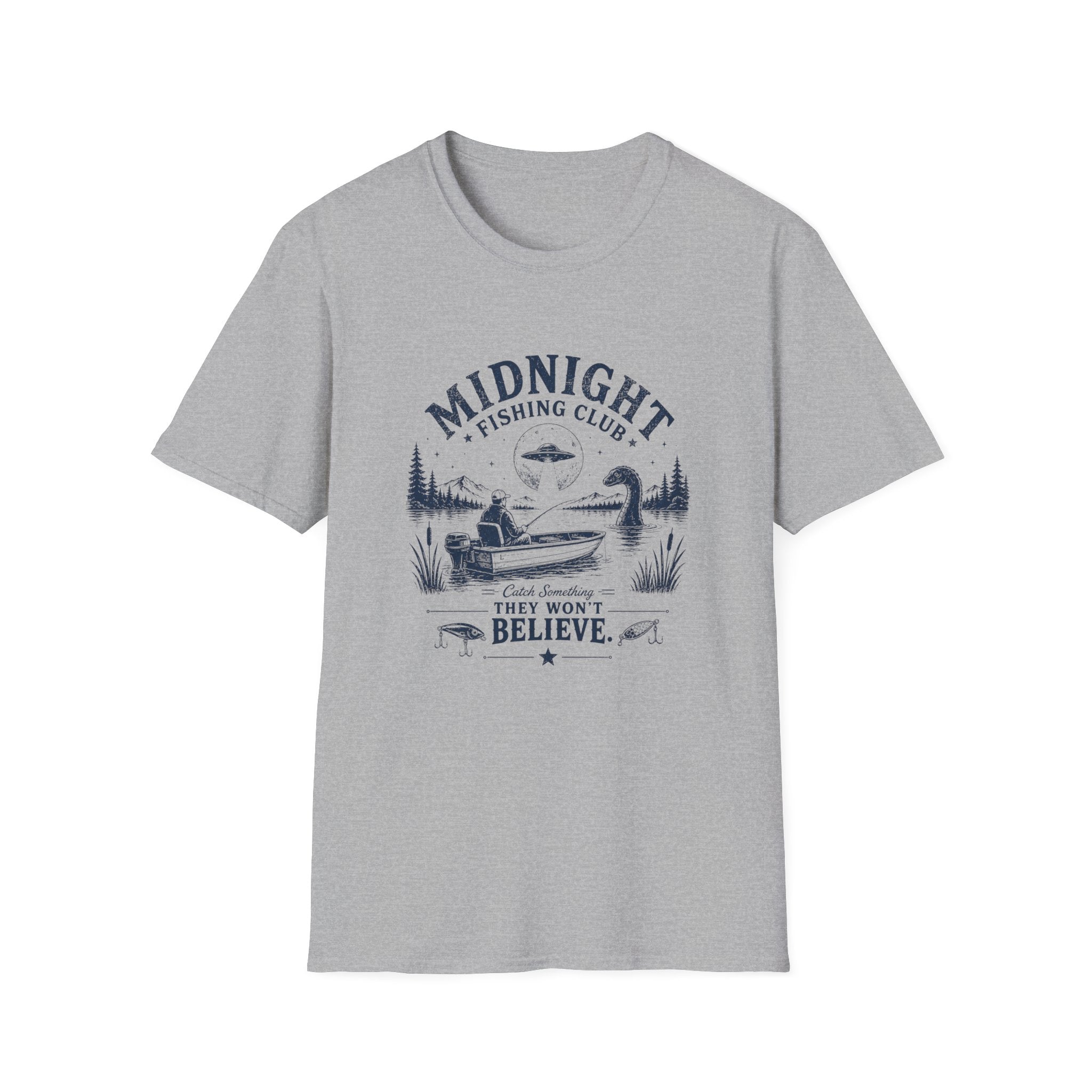 Midnight Fishing Club T-Shirt — "Catch Something They Won't Believe" UFO Lake Fishing Tee