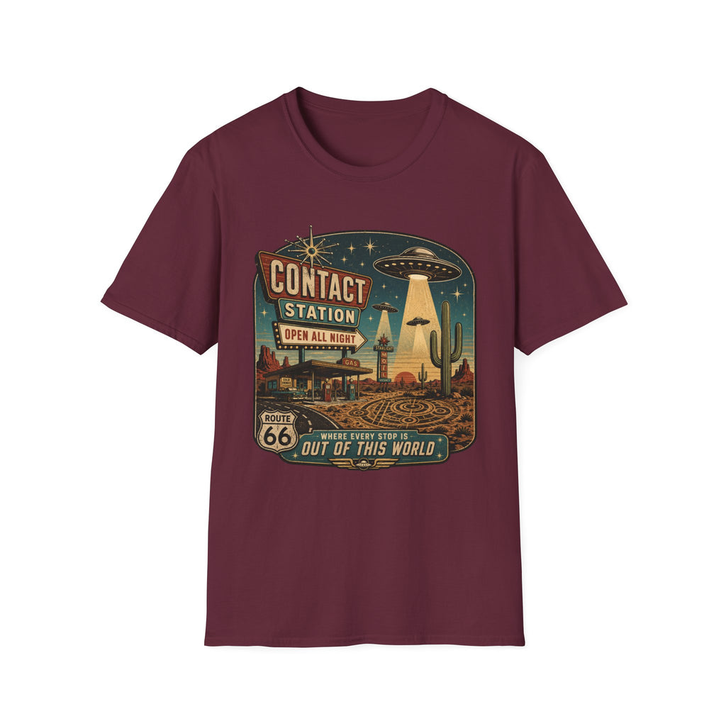 Contact Station T‑Shirt — Retro UFO Alien Abduction Vintage Sign Tee