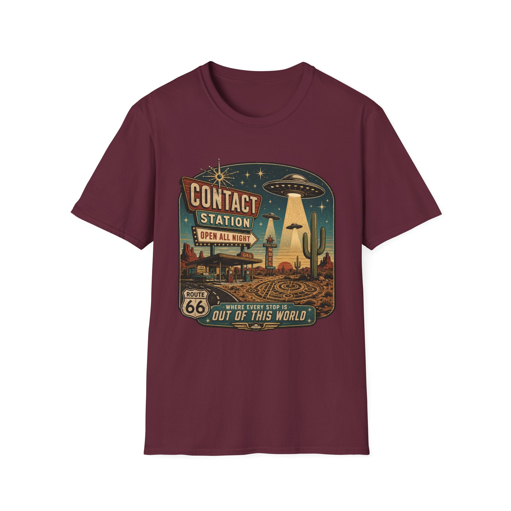 Contact Station T‑Shirt — Retro UFO Alien Abduction Vintage Sign Tee