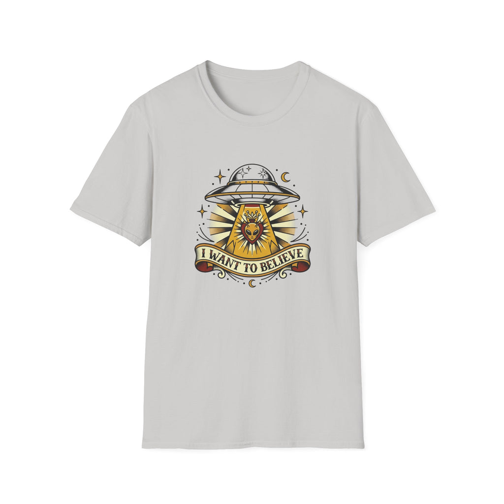 Alien Abduction T-Shirt — "I Want to Believe" Vintage UFO Tee American Traditional Tattoo