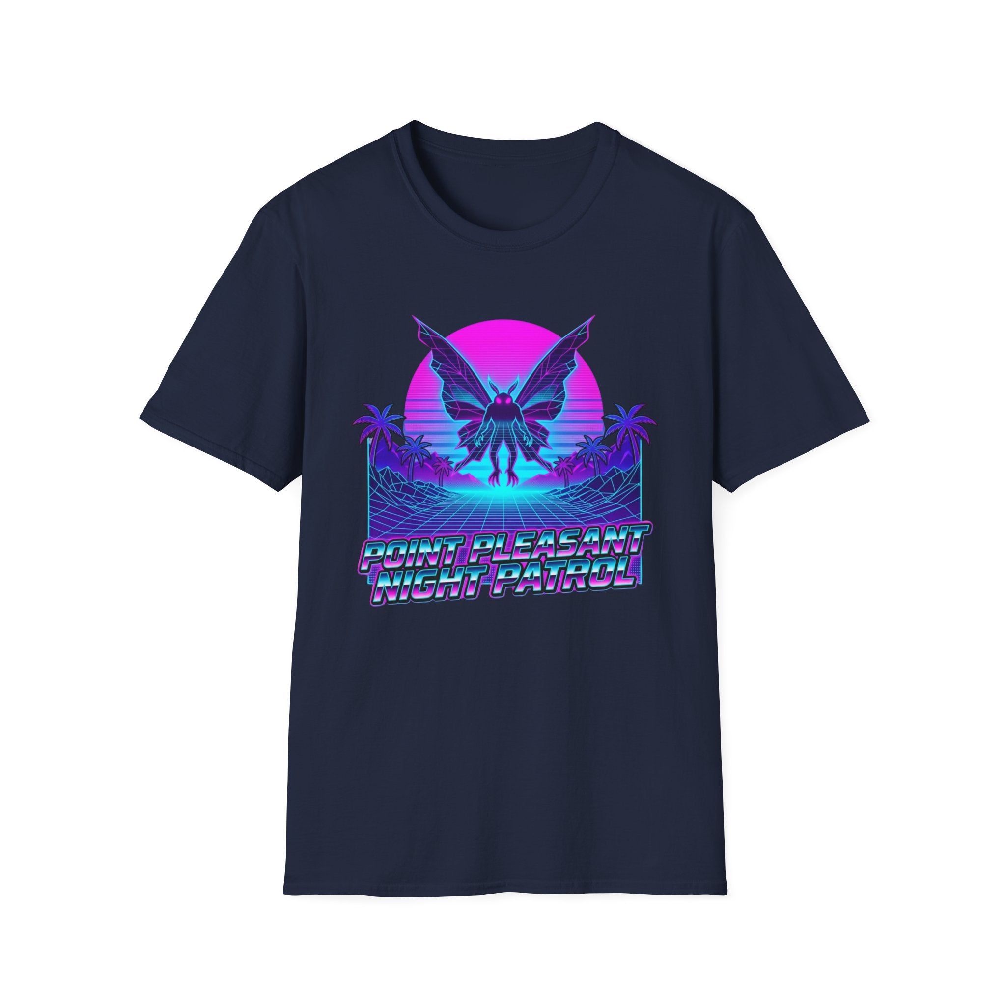 Mothman Retro Sunset T‑Shirt — Neon 80s Vaporwave Cryptid Tee