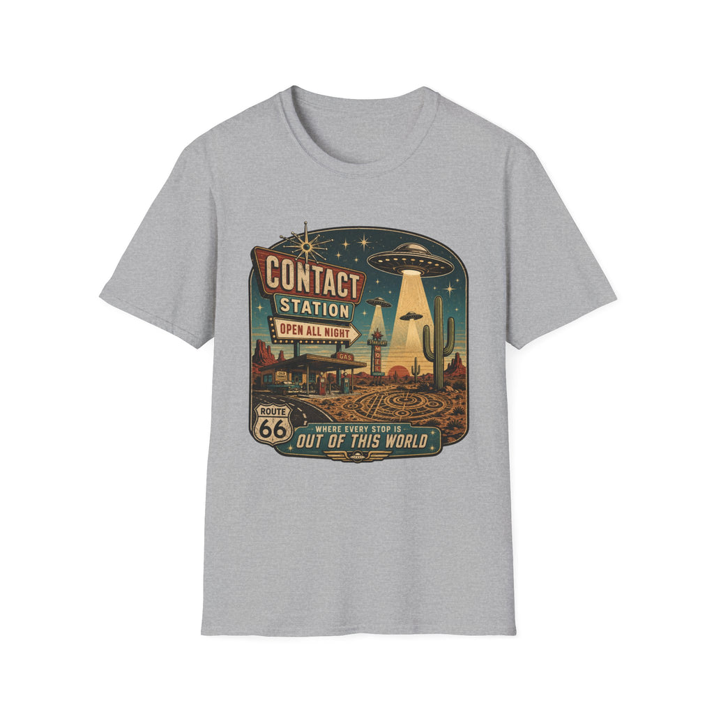 Contact Station T‑Shirt — Retro UFO Alien Abduction Vintage Sign Tee
