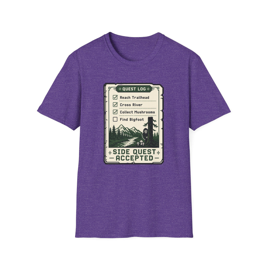 Bigfoot Retro Gaming T-Shirt — 'Quest Log: Side Quest Accepted' Hiking Adventure Graphic Tee
