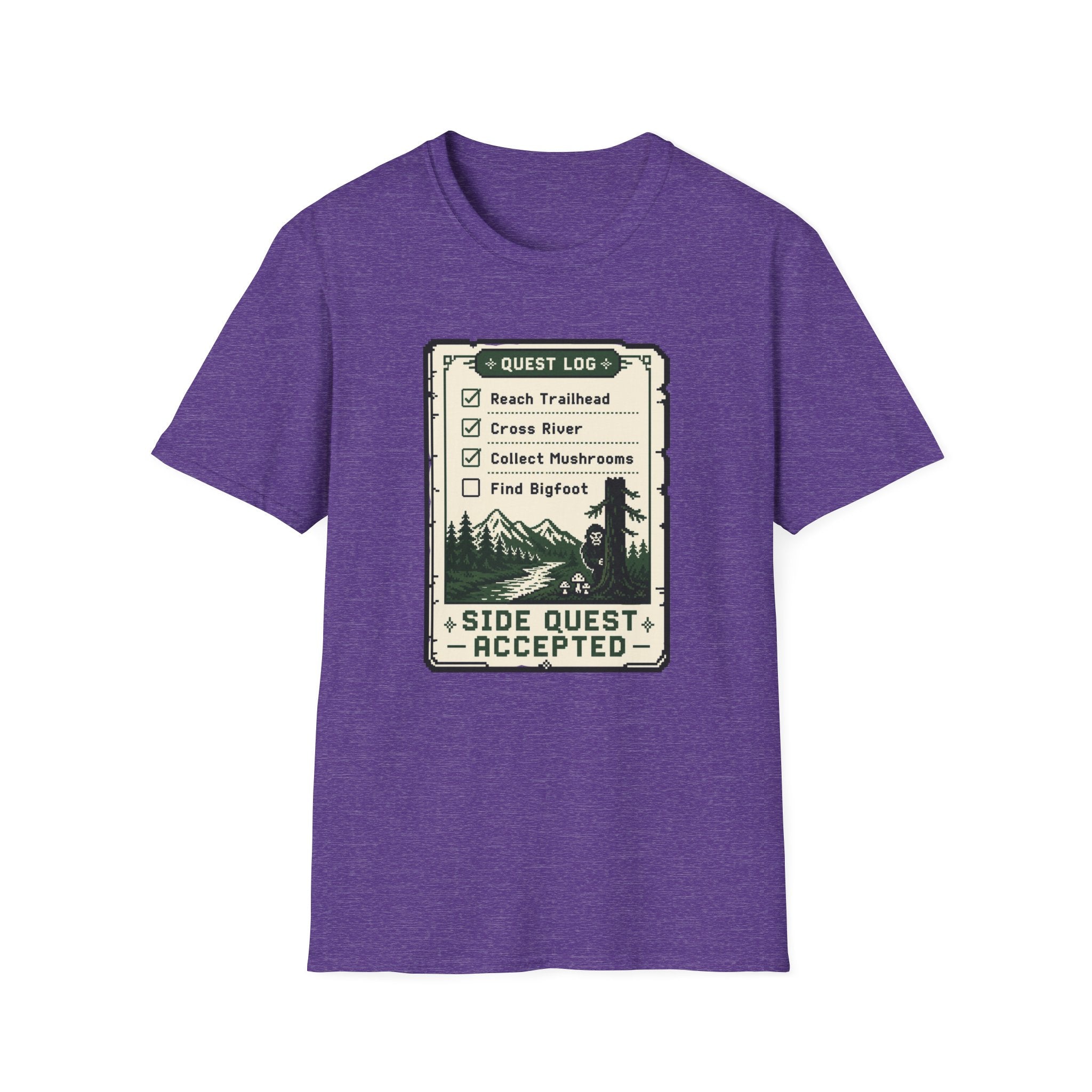 Bigfoot Retro Gaming T-Shirt — 'Quest Log: Side Quest Accepted' Hiking Adventure Graphic Tee