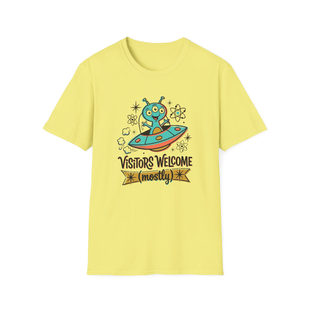 Alien UFO T-Shirt — "Visitors Welcome (Mostly)" Cute Space Graphic Tee