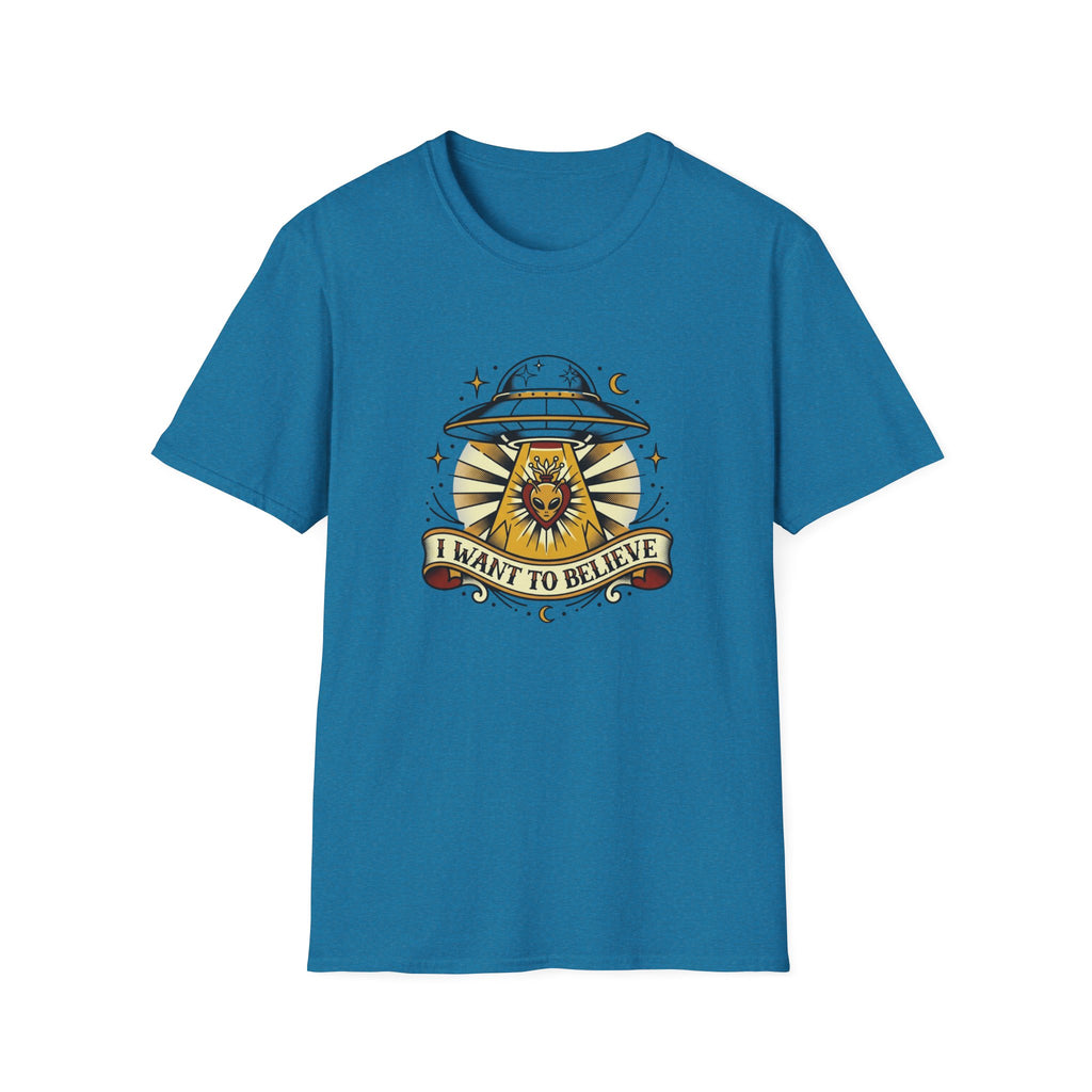 Alien Abduction T-Shirt — "I Want to Believe" Vintage UFO Tee American Traditional Tattoo