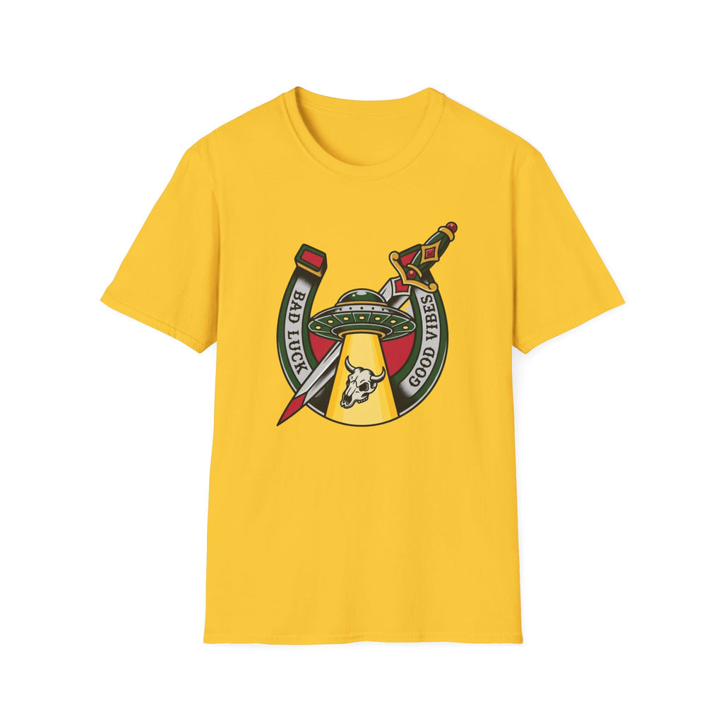 Bad Luck Good Vibes UFO T-Shirt — Sword & Horseshoe Retro American Traditional Tattoo Tee