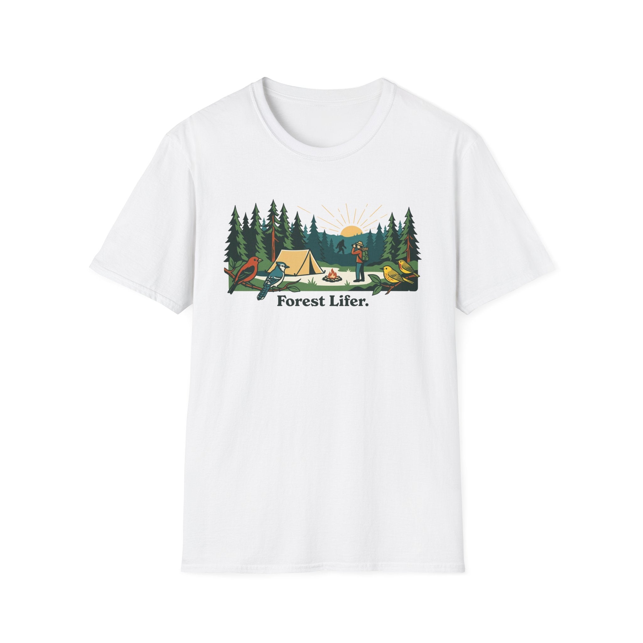 Bigfoot Forest Lifer T‑Shirt — Camping Scenic Tee with Tent, Campfire & Pine Trees