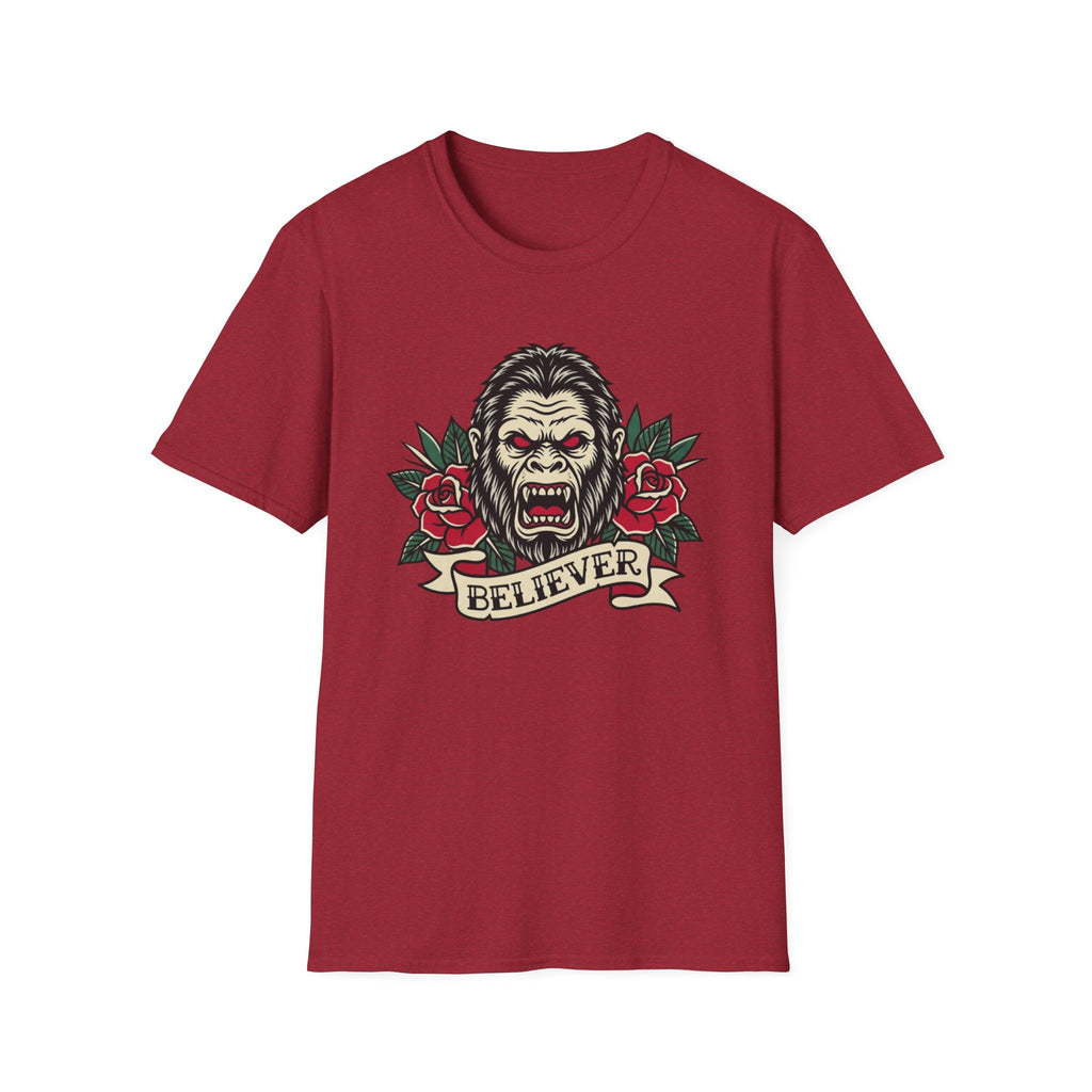 Bigfoot Believer T-Shirt — Retro American Traditional Tattoo Sasquatch Graphic Tee with Roses