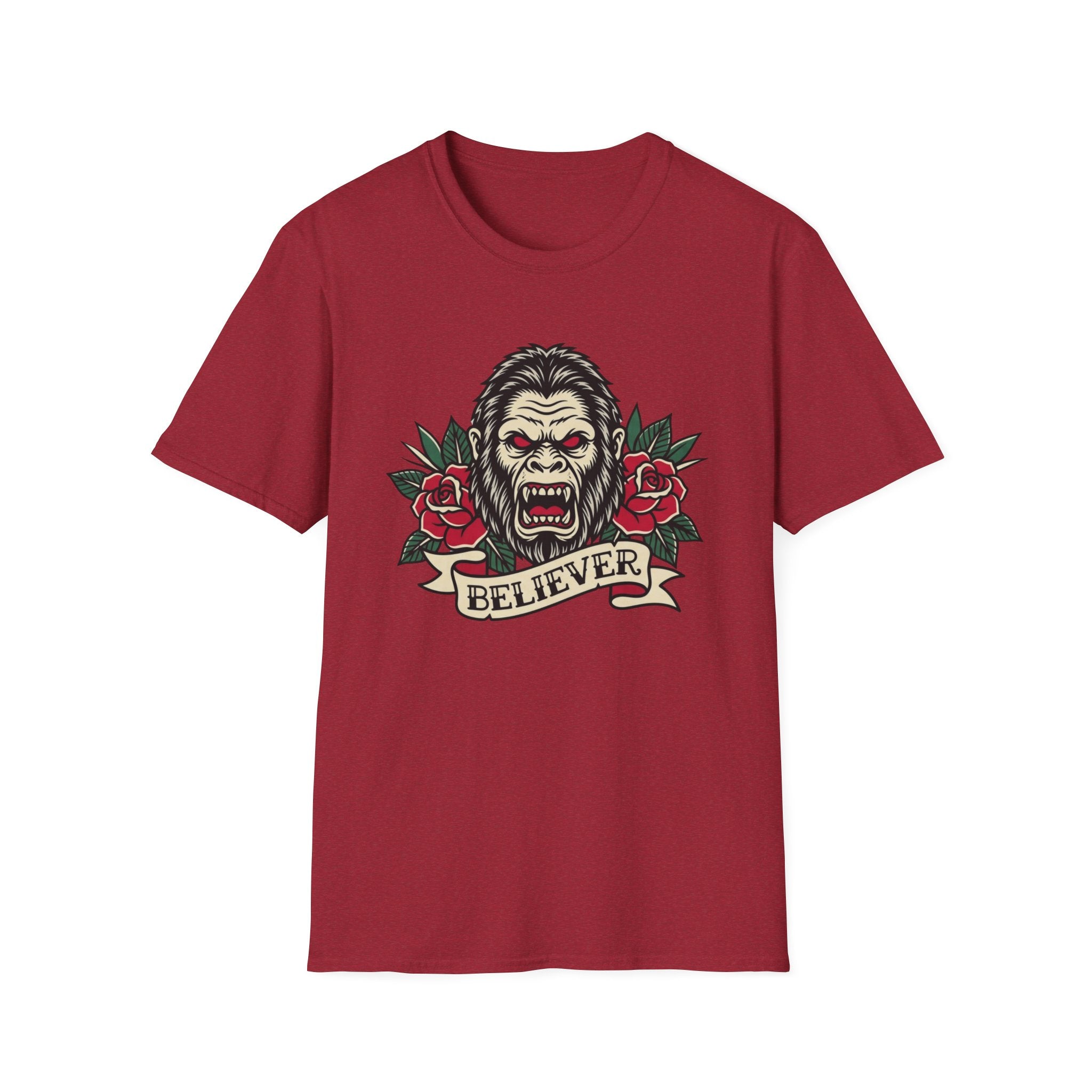Bigfoot Believer T-Shirt — Retro American Traditional Tattoo Sasquatch Graphic Tee with Roses