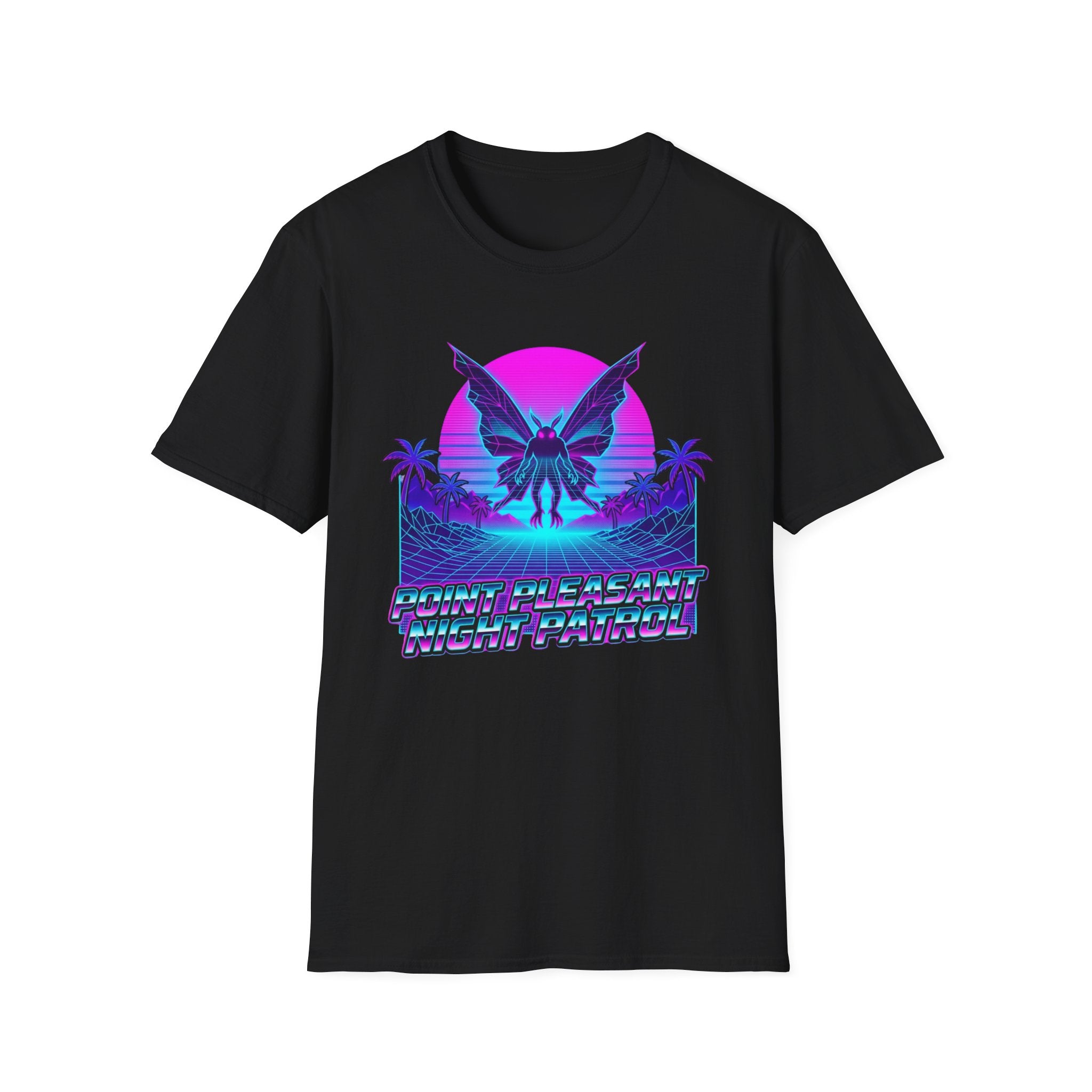 Mothman Retro Sunset T‑Shirt — Neon 80s Vaporwave Cryptid Tee