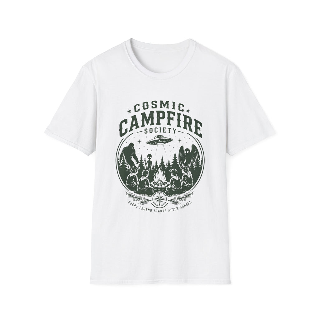 Cosmic Campfire Society T-Shirt — UFO & Forest Vintage Graphic Tee