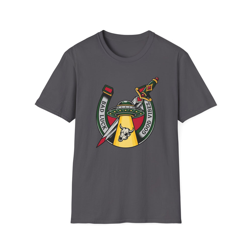Bad Luck Good Vibes UFO T-Shirt — Sword & Horseshoe Retro American Traditional Tattoo Tee