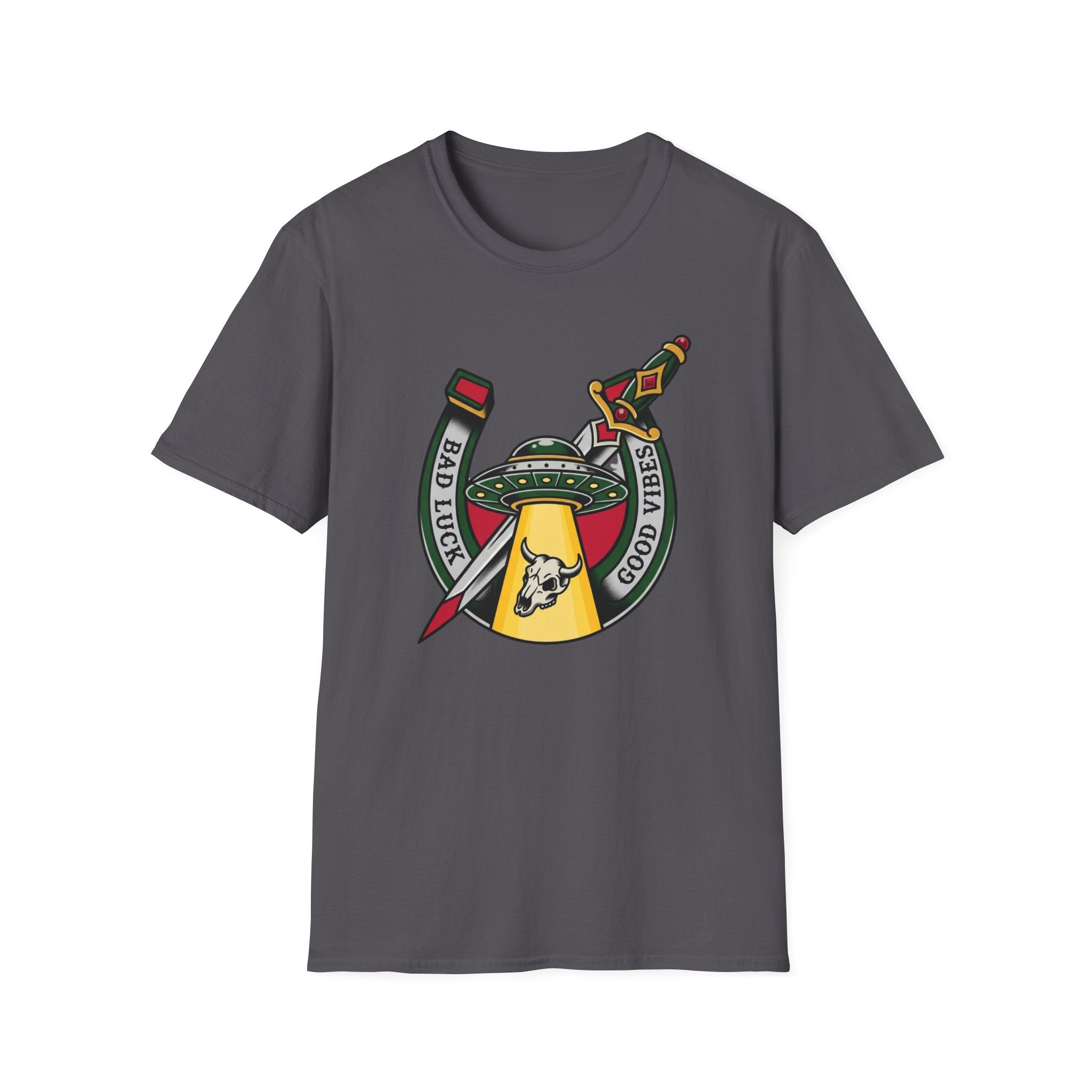 Bad Luck Good Vibes UFO T-Shirt — Sword & Horseshoe Retro American Traditional Tattoo Tee
