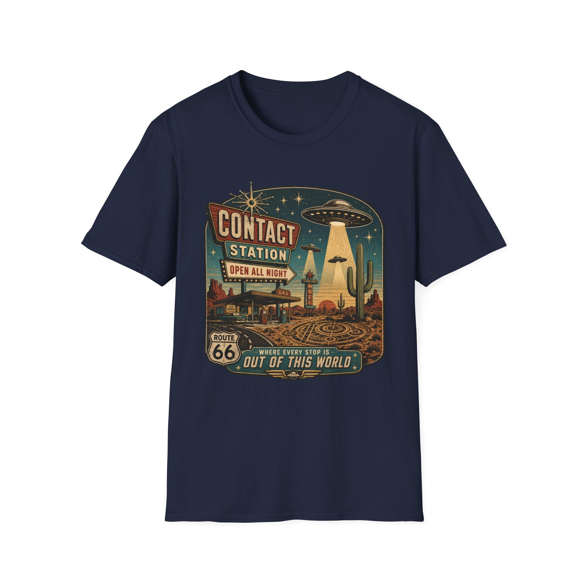 Contact Station T‑Shirt — Retro UFO Alien Abduction Vintage Sign Tee