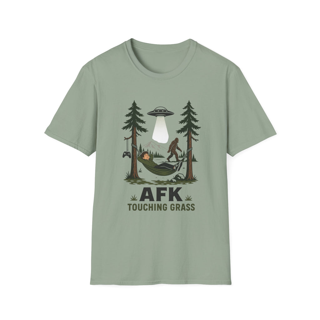 AFK Touching Grass T-Shirt — Gaming Nature Tee with Bigfoot & UFO