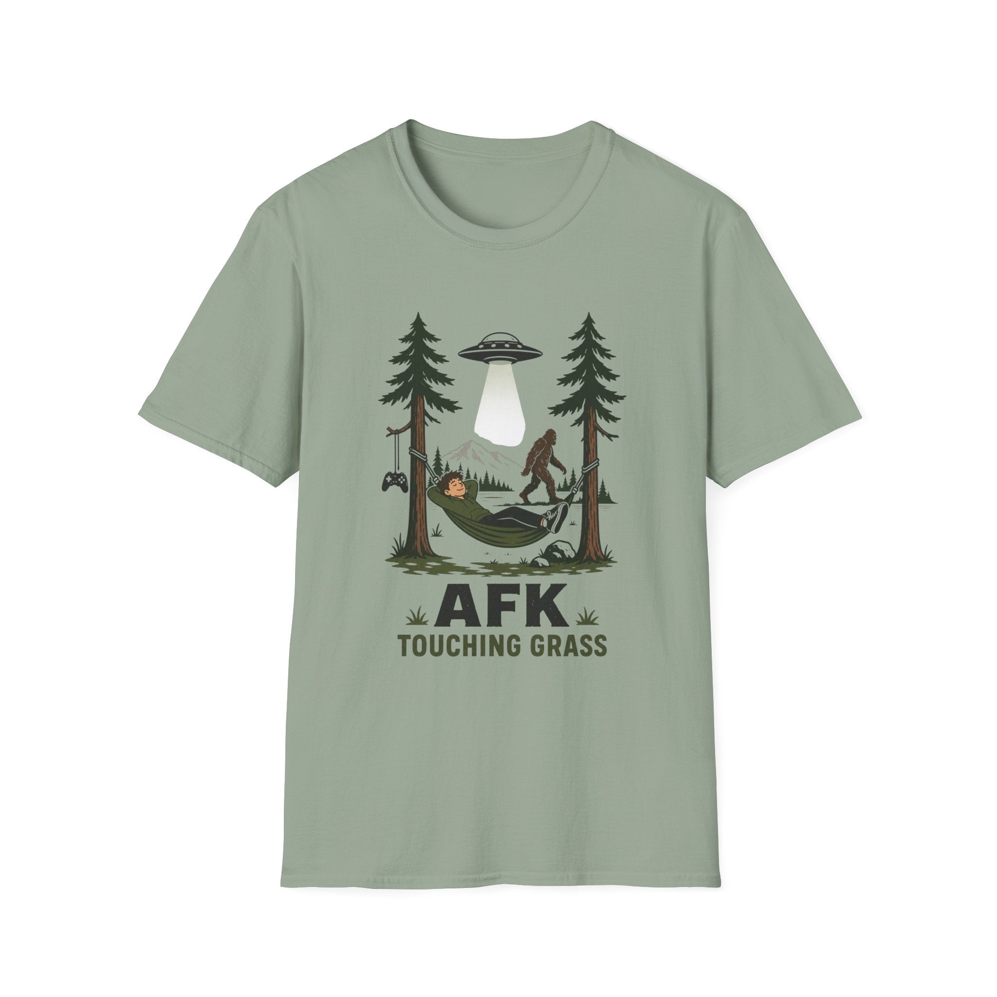 AFK Touching Grass T-Shirt — Gaming Nature Tee with Bigfoot & UFO
