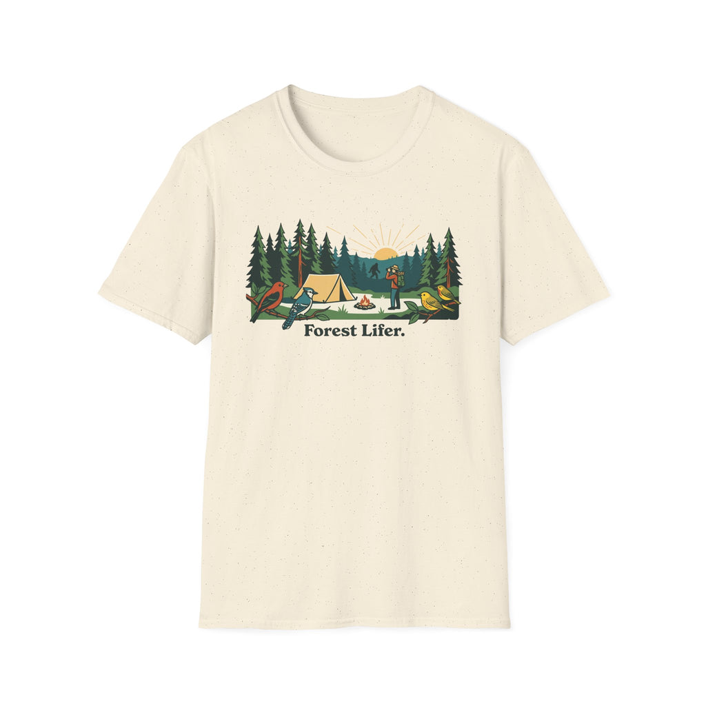 Bigfoot Forest Lifer T‑Shirt — Camping Scenic Tee with Tent, Campfire & Pine Trees