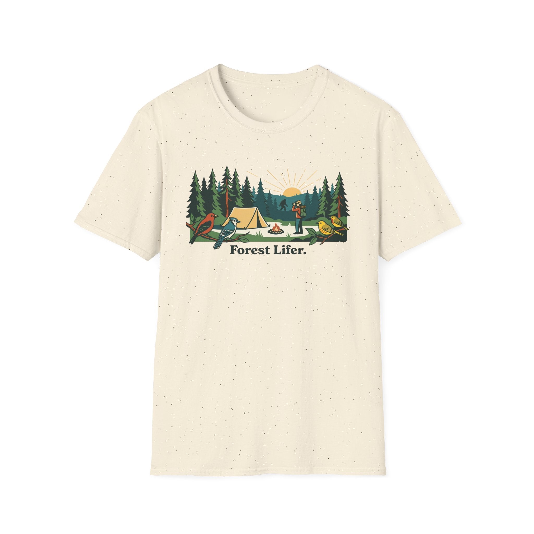 Bigfoot Forest Lifer T‑Shirt — Camping Scenic Tee with Tent, Campfire & Pine Trees