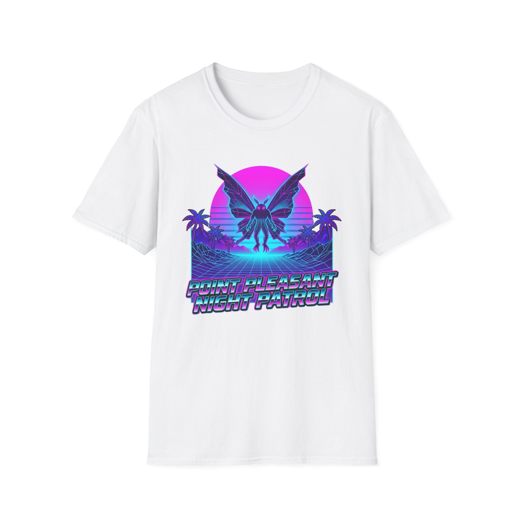 Mothman Retro Sunset T‑Shirt — Neon 80s Vaporwave Cryptid Tee