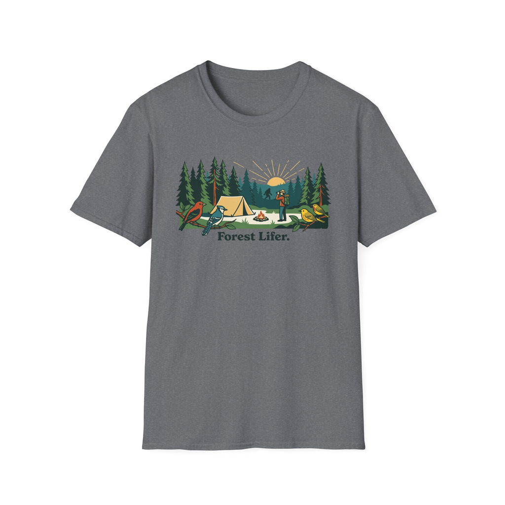 Bigfoot Forest Lifer T‑Shirt — Camping Scenic Tee with Tent, Campfire & Pine Trees