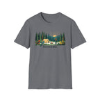 Bigfoot Forest Lifer T‑Shirt — Camping Scenic Tee with Tent, Campfire & Pine Trees