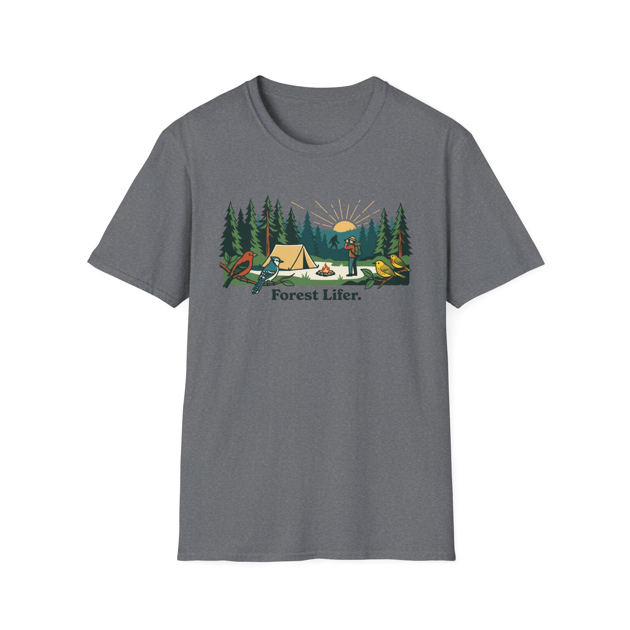 Bigfoot Forest Lifer T‑Shirt — Camping Scenic Tee with Tent, Campfire & Pine Trees