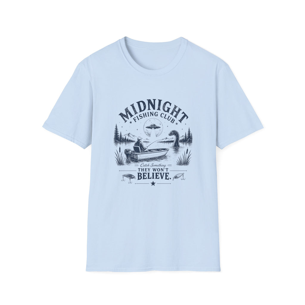 Midnight Fishing Club T-Shirt — "Catch Something They Won't Believe" UFO Lake Fishing Tee