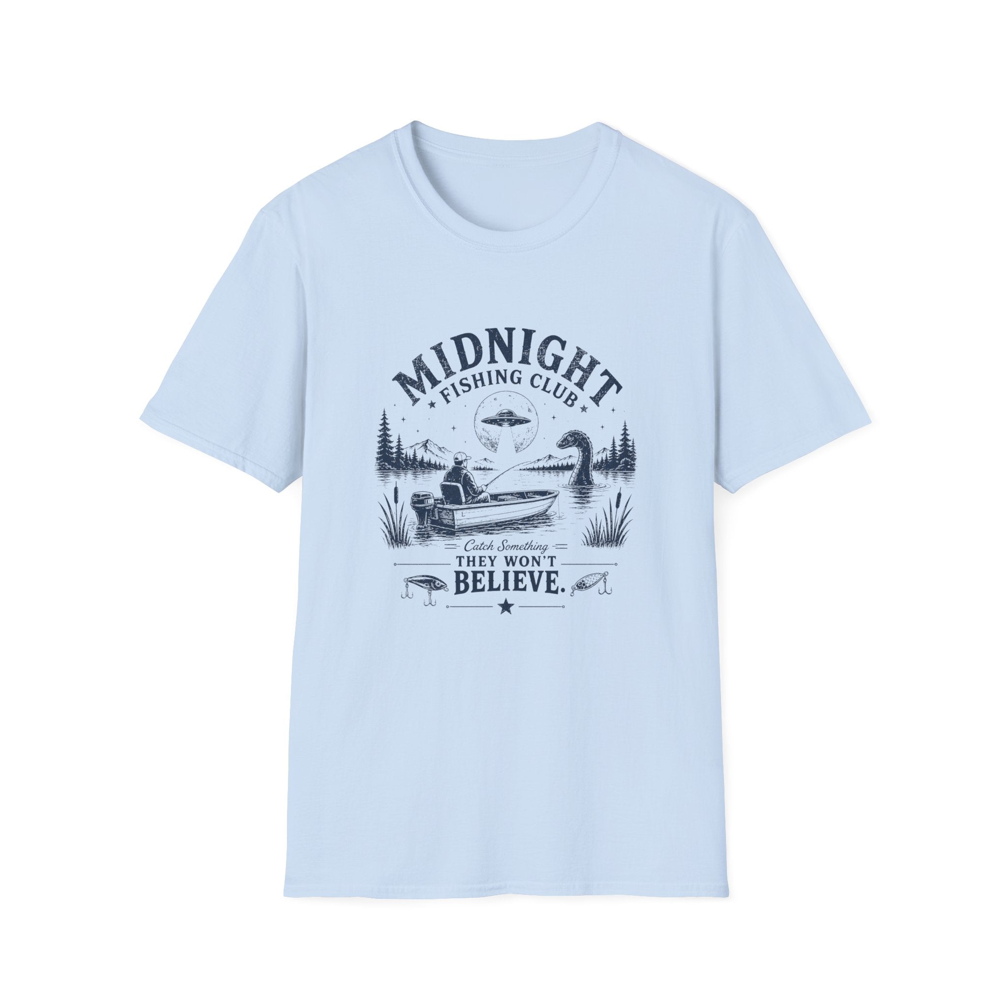 Midnight Fishing Club T-Shirt — "Catch Something They Won't Believe" UFO Lake Fishing Tee