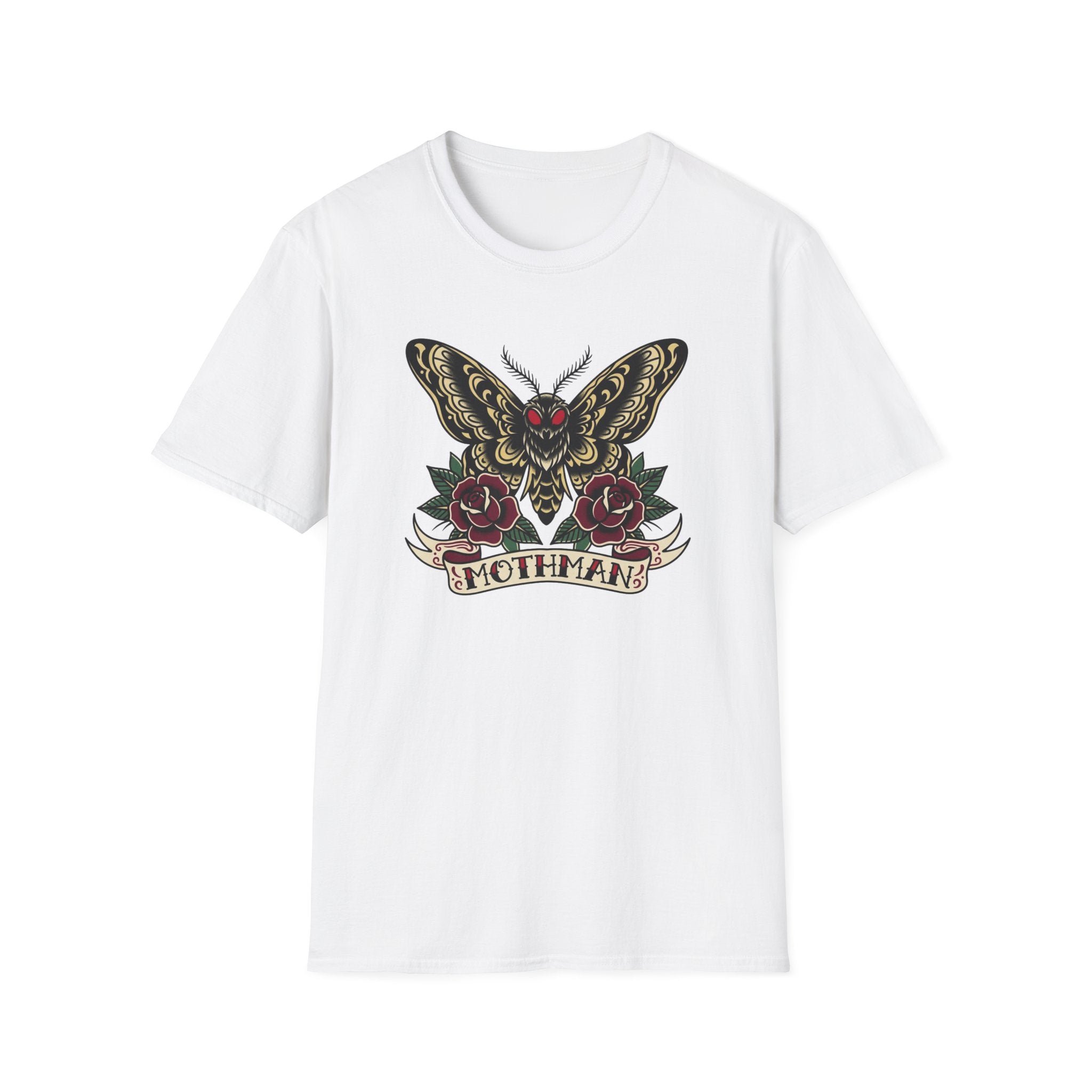 Mothman American Traditional Tattoo Style T-Shirt — Gothic Moth & Roses Graphic