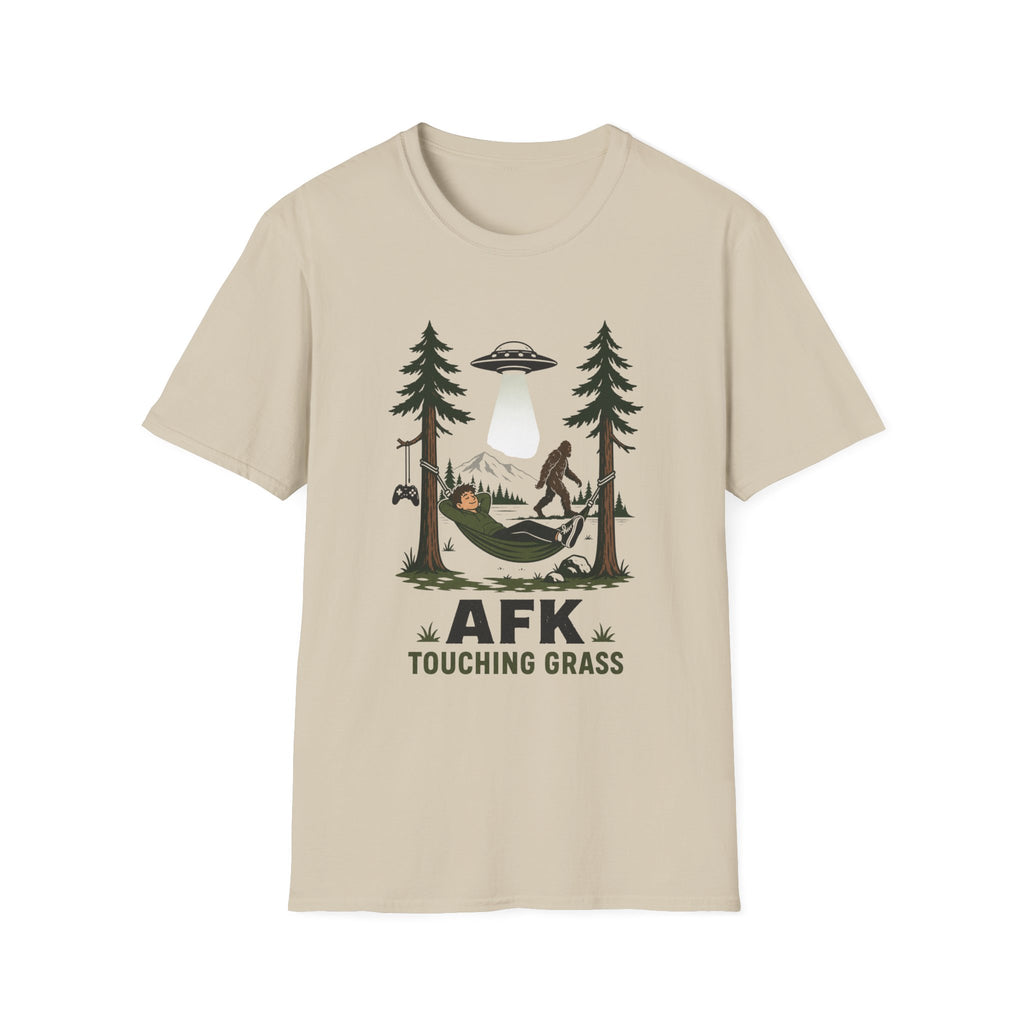 AFK Touching Grass T-Shirt — Gaming Nature Tee with Bigfoot & UFO