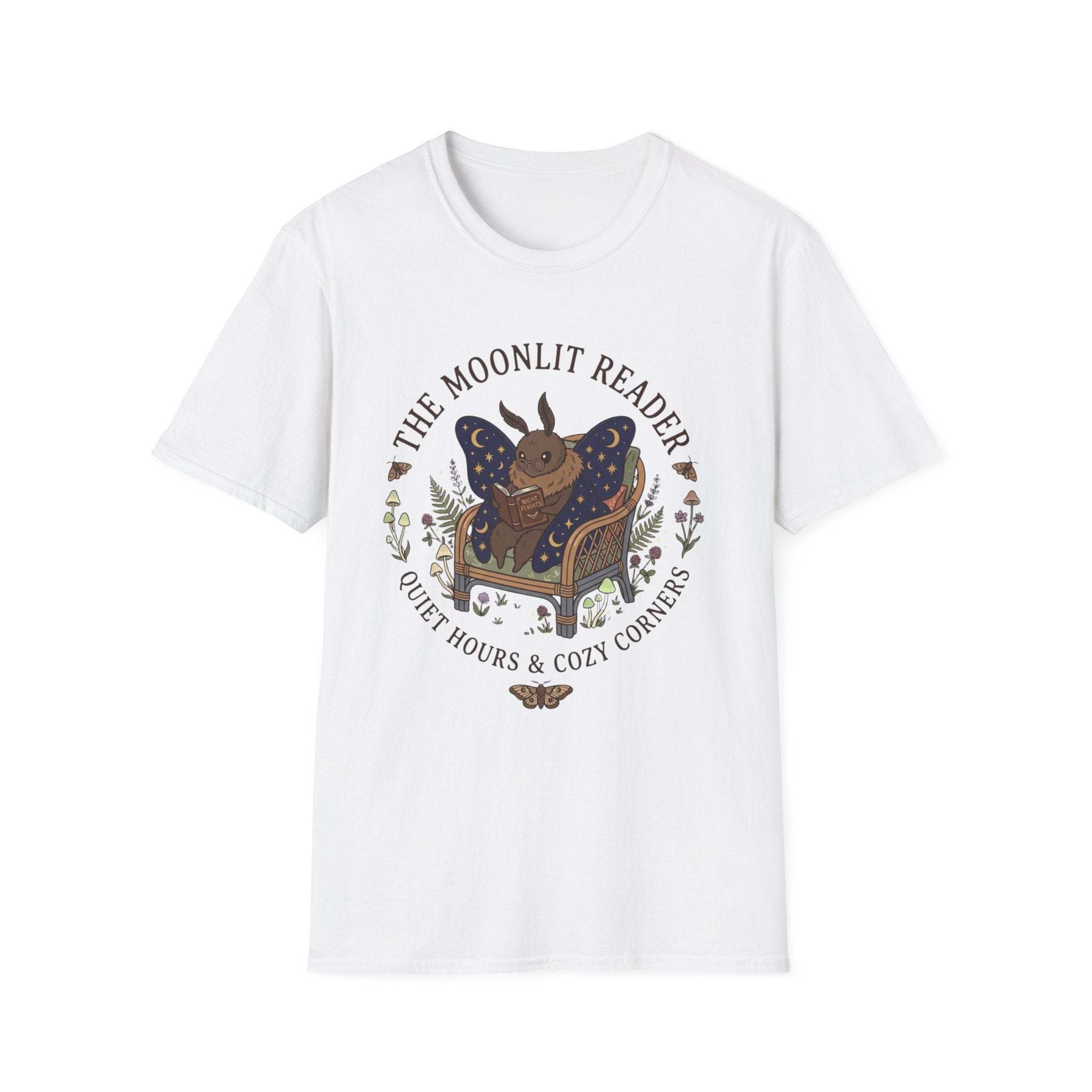 The Moonlit Reader Tee — Cozy Book Lover Cottagecore Moth Shirt