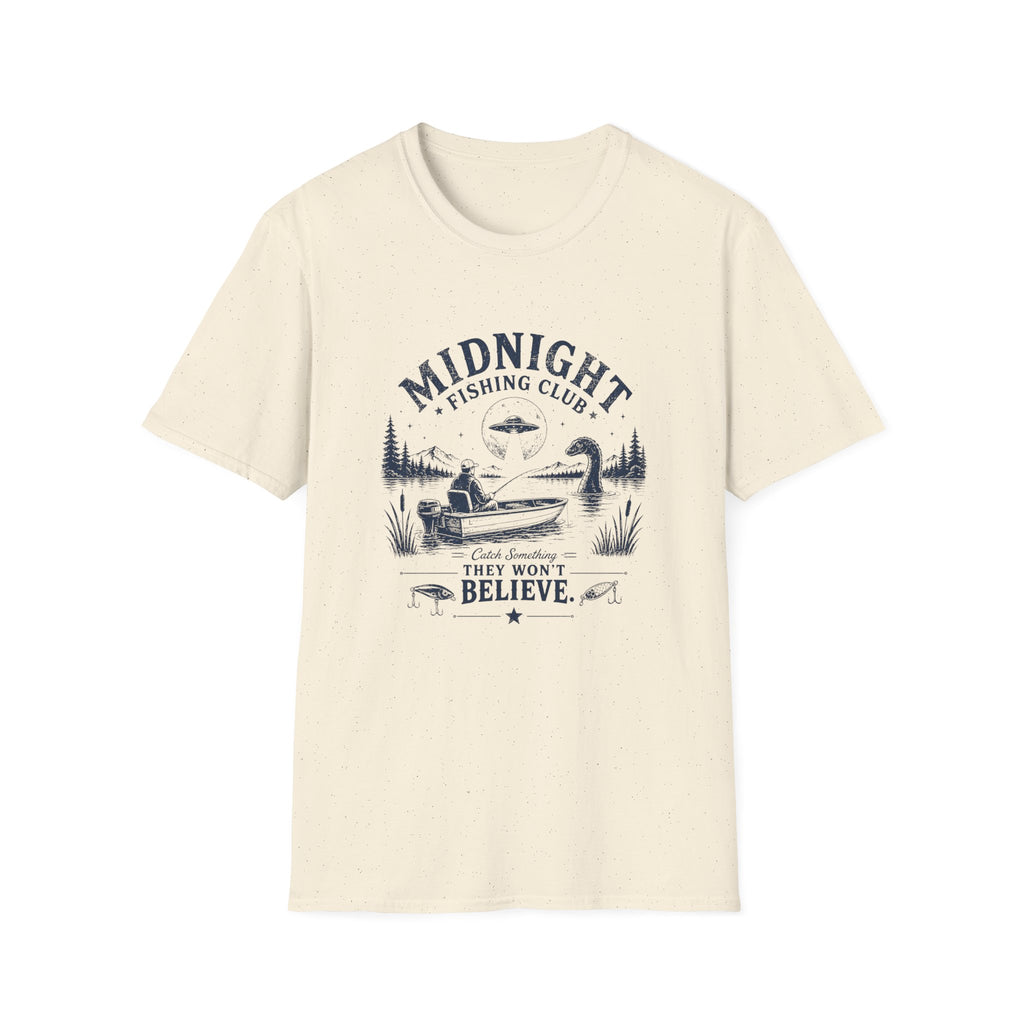 Midnight Fishing Club T-Shirt — "Catch Something They Won't Believe" UFO Lake Fishing Tee
