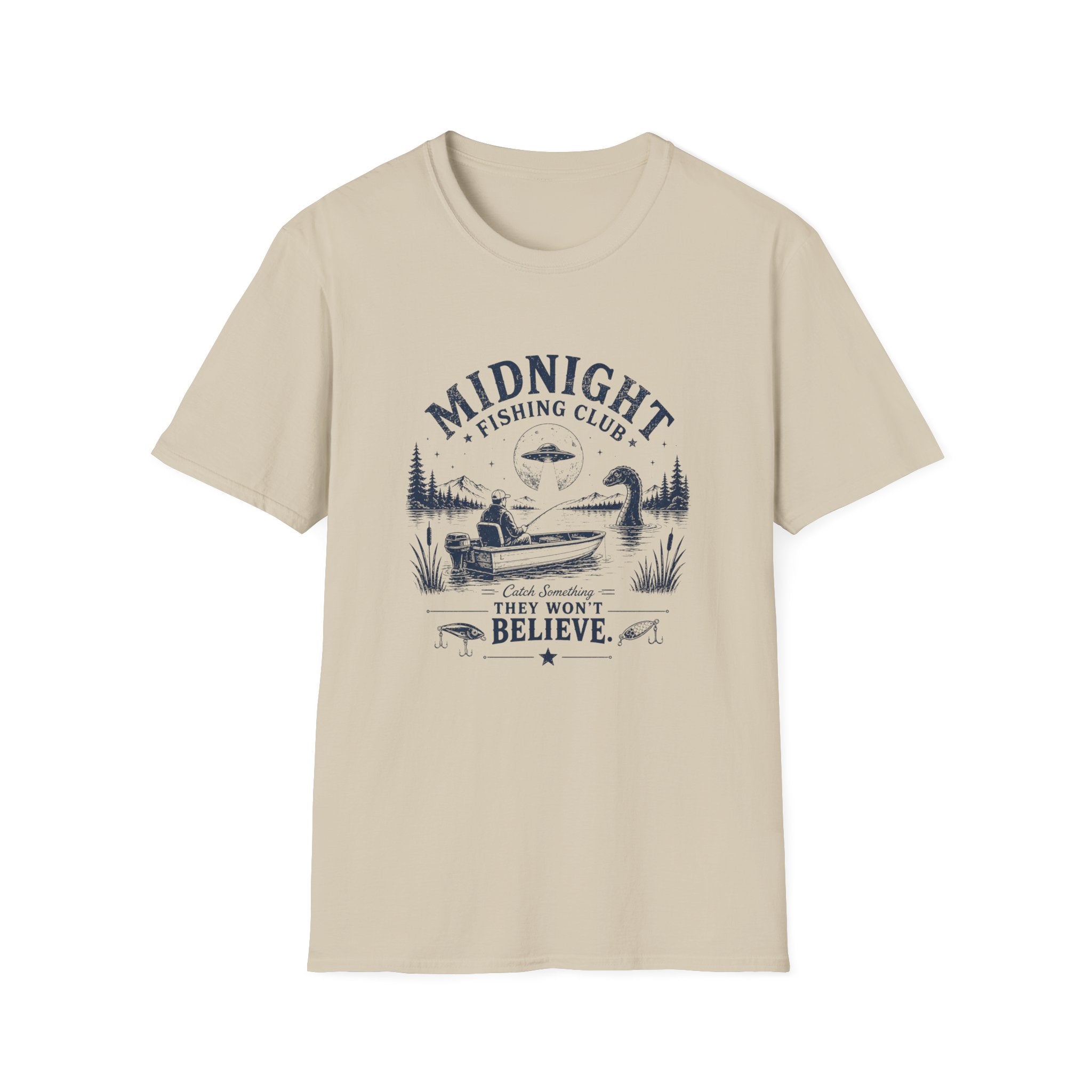 Midnight Fishing Club T-Shirt — "Catch Something They Won't Believe" UFO Lake Fishing Tee