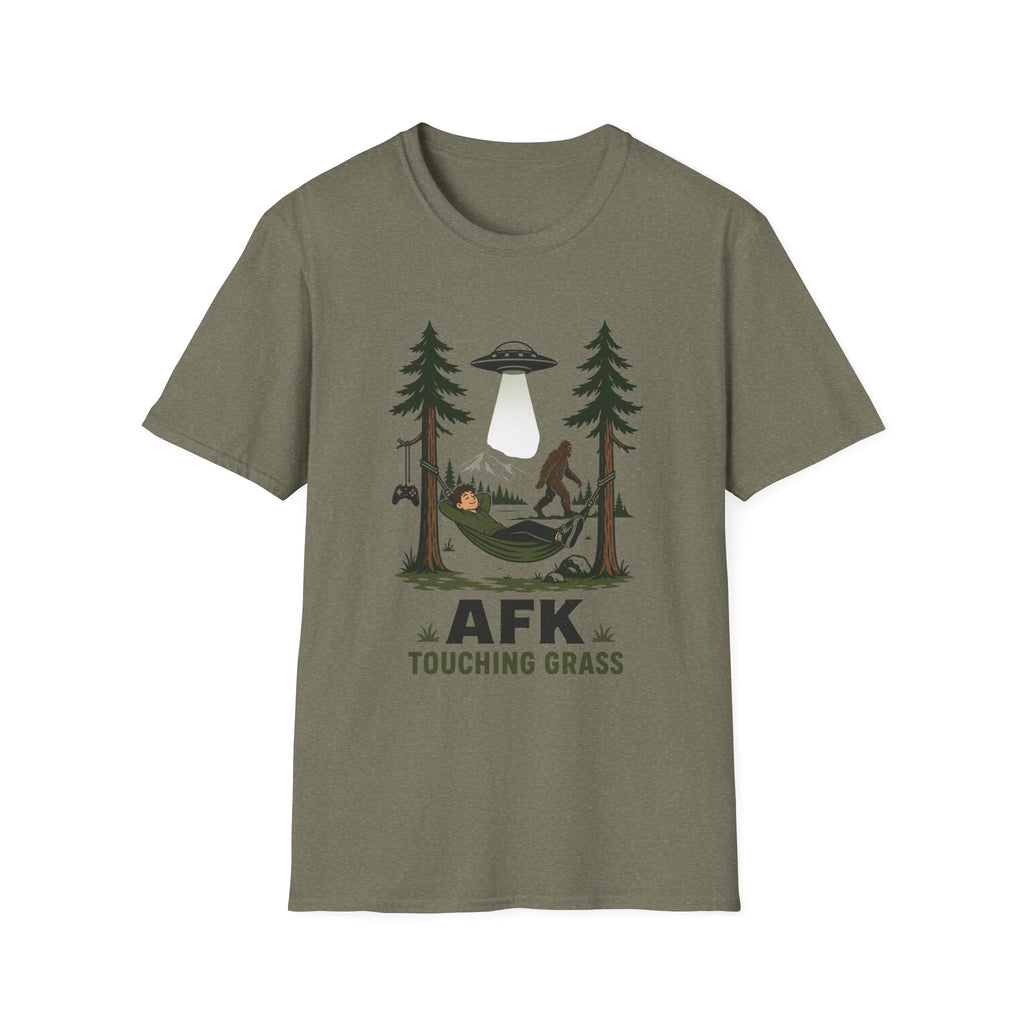 AFK Touching Grass T-Shirt — Gaming Nature Tee with Bigfoot & UFO