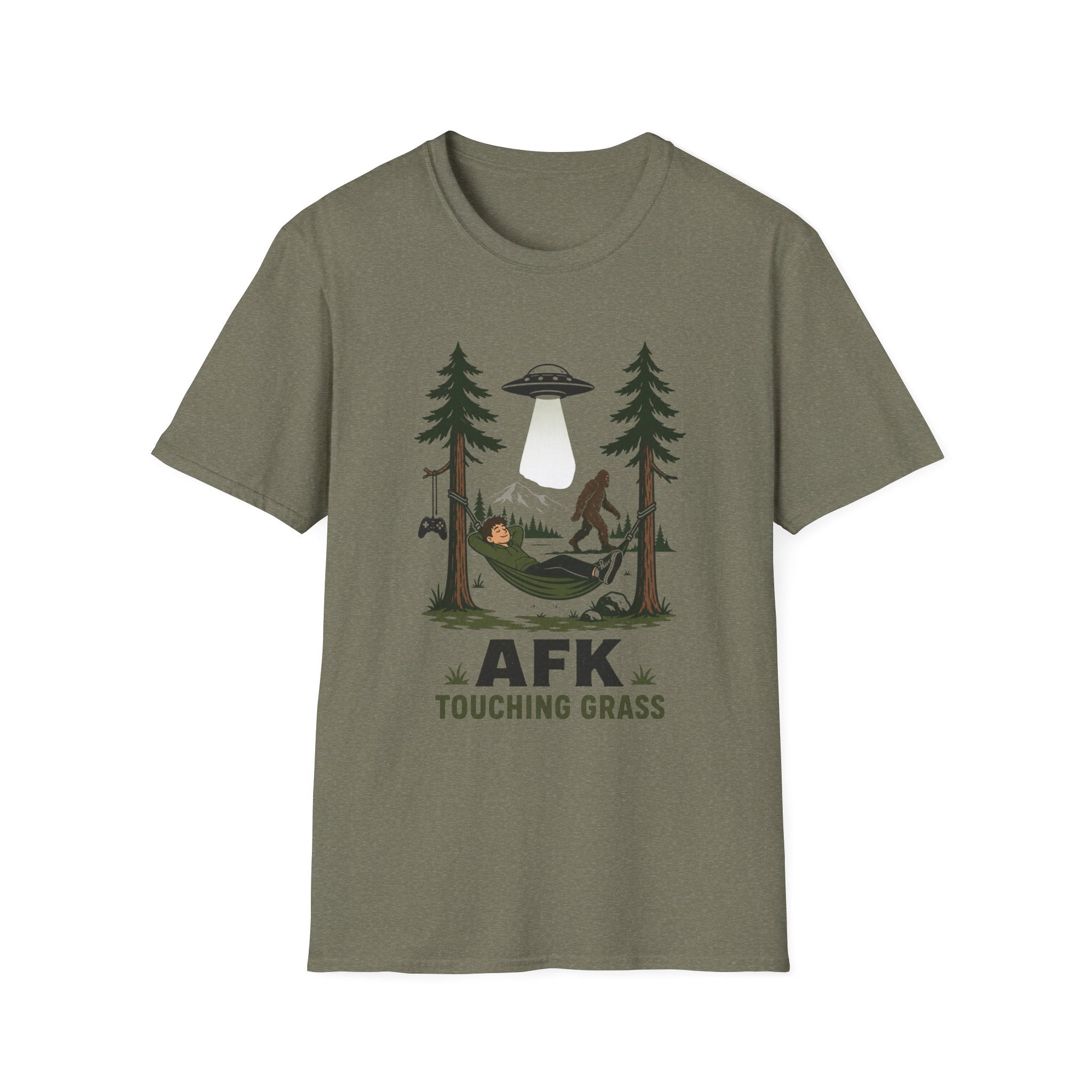 AFK Touching Grass T-Shirt — Gaming Nature Tee with Bigfoot & UFO
